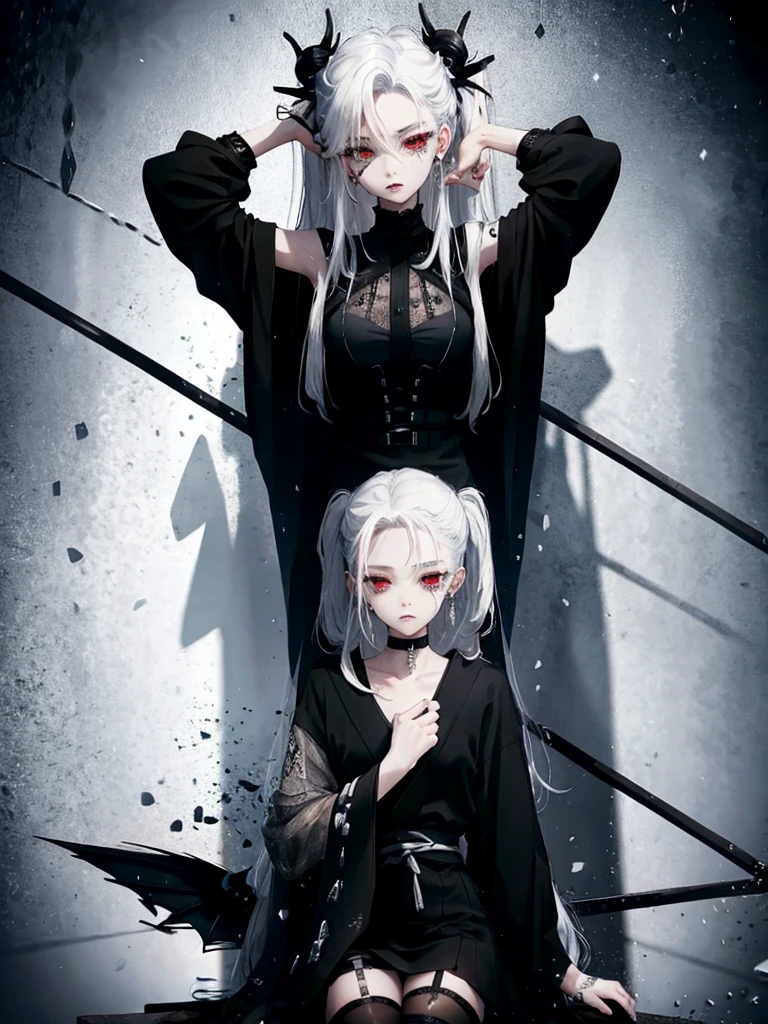 Masterpiece, best quality, high quality, ultra detailed, 1girl, looking at viewer, white hair, gray eyes, black lipstick, black shirt, sitting on a white floor, demon girl, gothcore, 1 3 - year - old, goth girl, japanese gothic, gothic punk style, black metal style, hands on head,.yurikiss、Girl kissing girl、Red Eyes、