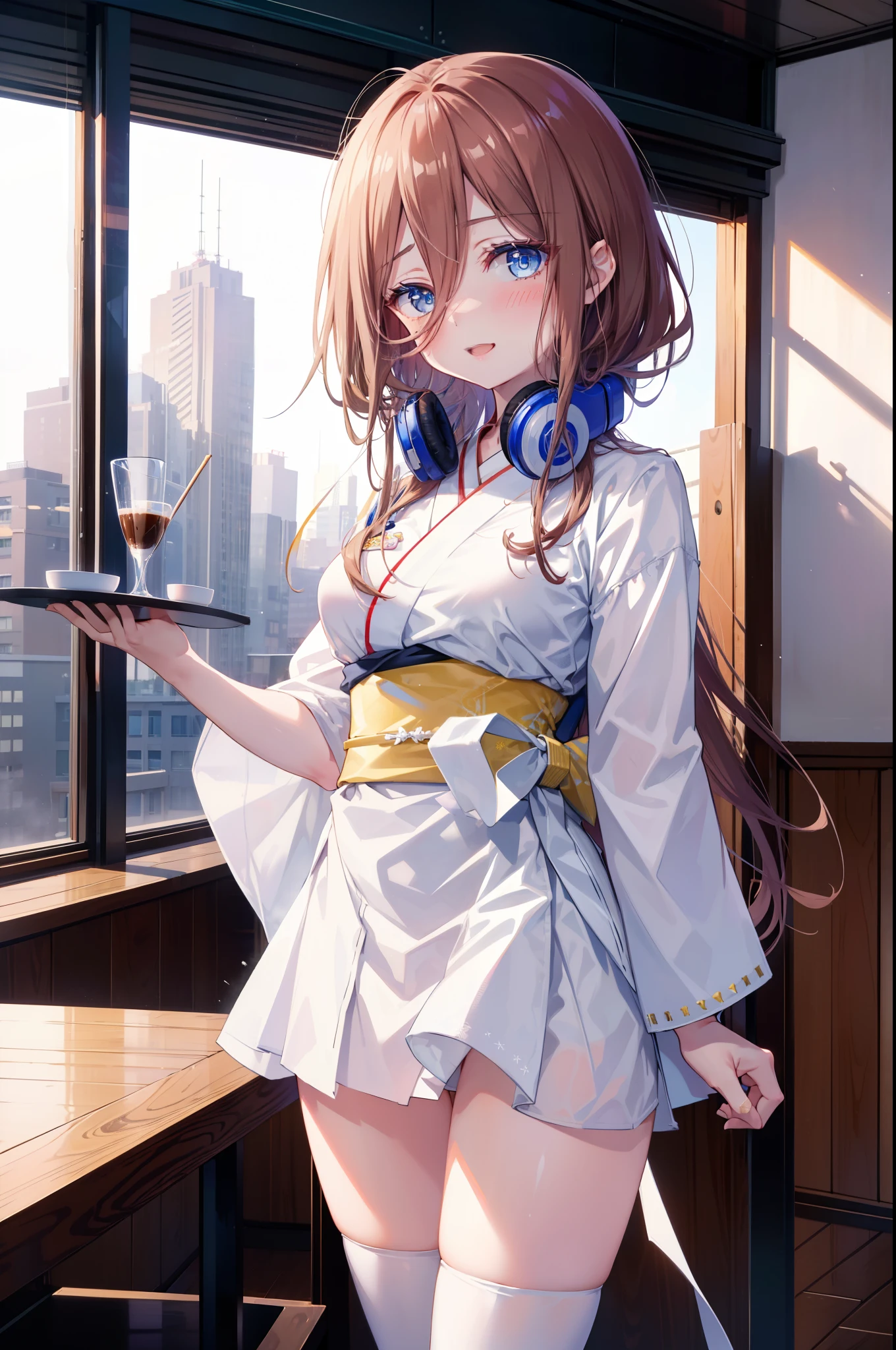 Miku Nakano, Miku Nakano, Long Hair, bangs, blue eyes, brown hair, shirt, Hair between the eyes, Long Hair,happy smile, smile, Open your mouth,blush,Idol-style white kimono,long furisode,White mini cucumber,White tights,Zori sandals,tray, tray in one hand,A beautiful waitress with Long Hair comes to the table to take our order,As if your whole body is in the illustration,Maid Headless,
break looking at viewer, (Cowboy Shot:1. 5)
break indoors, coffee shop,
break (masterpiece:1.2), highest quality, High resolution, unity 8k wallpaper, (shape:0.8), (Fine and beautiful eyes:1.6), Highly detailed face, Perfect lighting, Highly detailed CG, (Perfect hands, Perfect Anatomy),