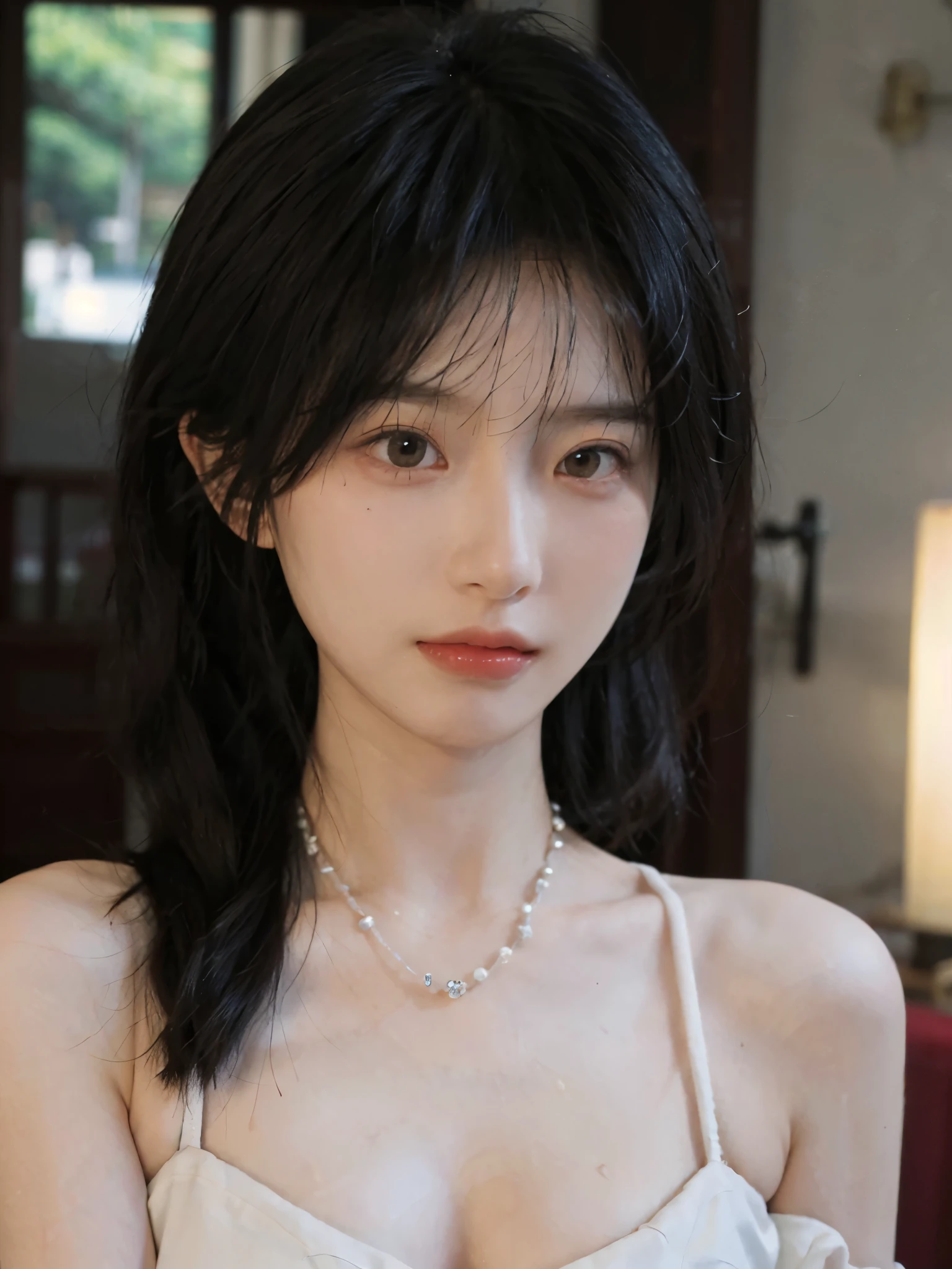 best quality， ultra high resolution， （realistically：1.4），cute hairpin，Baoyu Girl，Standing in the wedding hall，（flat chest：1.2） ，A pair of clear and charming peach blossom eyes,Royal sister，The sun shines on the face，Big wavy hairstyle，（necklace：1.2），（White skin：1.4），a sense of atmosphere，a beautiful girl，Looking directly at the viewer， Close-up cleavage ，(lifelike:1.4),1 girl,Sexy,(Upper body:1.4),(wet),(:1.2)