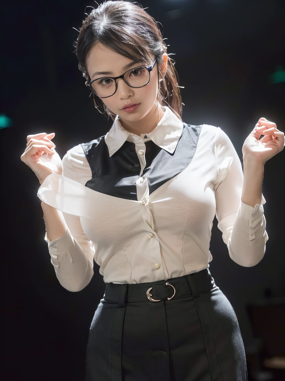 (8K,RAW Photos,highest quality,masterpiece:1.9),(Watching the audience:1.8)Erotic,Huge breasts,Very small waist,very thin legs,A dreamy look,(curby body:1.8),(Her white blouse is all buttoned up:1.8),(Black tight skirt:1.8),(Wear glasses:1.5),(The background is an empty office:1.8),(not wearing a bra:1.9)