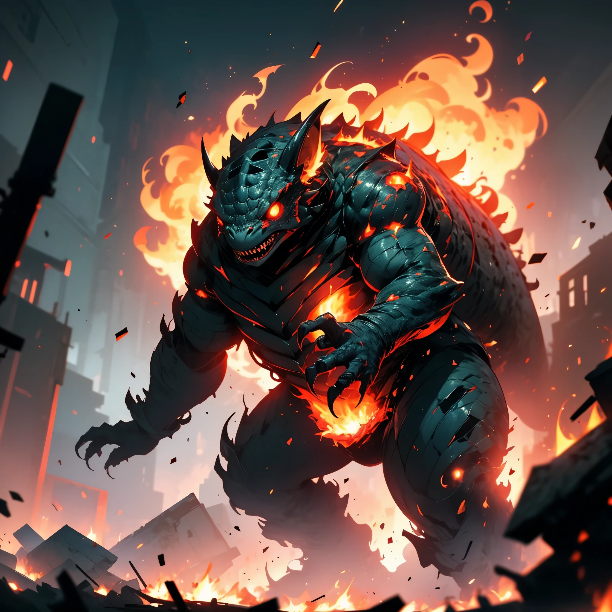 (high quality,realistic,ultra-detailed),Alpaca monster with glowing red eyes and sharp teeth,creepy lava toad kaiju emerging from a fiery crater,giant tentacles flailing,destructive battle,burning buildings and shattered glass,panicked crowd fleeing,the ground shaking under their colossal feet,flaming debris filling the air,neon lights reflecting off the chaos,streaks of radioactive fire illuminating the night sky,toxic smoke billowing from the clash,evoking a sense of dark horror and impending doom,portraits,nightmarish landscapes,surreal photography,ominous color palette,shadowy and atmospheric lighting