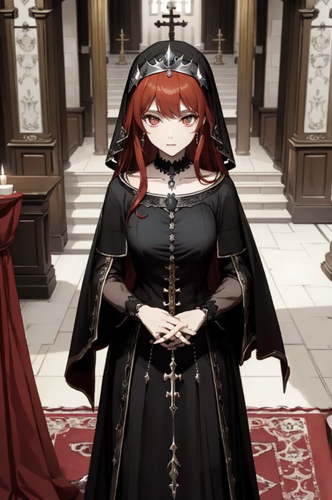 ((highest quality)), ((masterpiece)), (be familiar with), Perfect Face、The Enchanting Body of Celica（FE）、Red hair、The perfect proportions、semi-long、necklace、Bangles、Caster wheel、Circlet、Luxury Accessories、first round、naked、Fallen into evil、、Blank look、Engagement Rings、全naked、Hollow Eyes、Ritual of Summoning Demons、Dark Room、Red magic circle on the floor、、Lots of candlesticks and candles、darkness、Black sheets、Devil's Altar、Suspicious rituals、Skull Object、Big magic circle on the floor、Skull Candlestick、Luxury Jewelry、Offered on the altar、Be baptized by the devil、Skeleton Crown、black large gemstone pendant、empty eyes、Apathy、Black priestly uniform、devil&#39;s priest、believer in demons、dark priest、Black religious clothing、Richly decorated priestly vestments、Black clothes、Black Veil、Devil's Ornaments、Devil&#39;s Accessories、Temple of the Devil、Standing in front of the altar、Open your arms