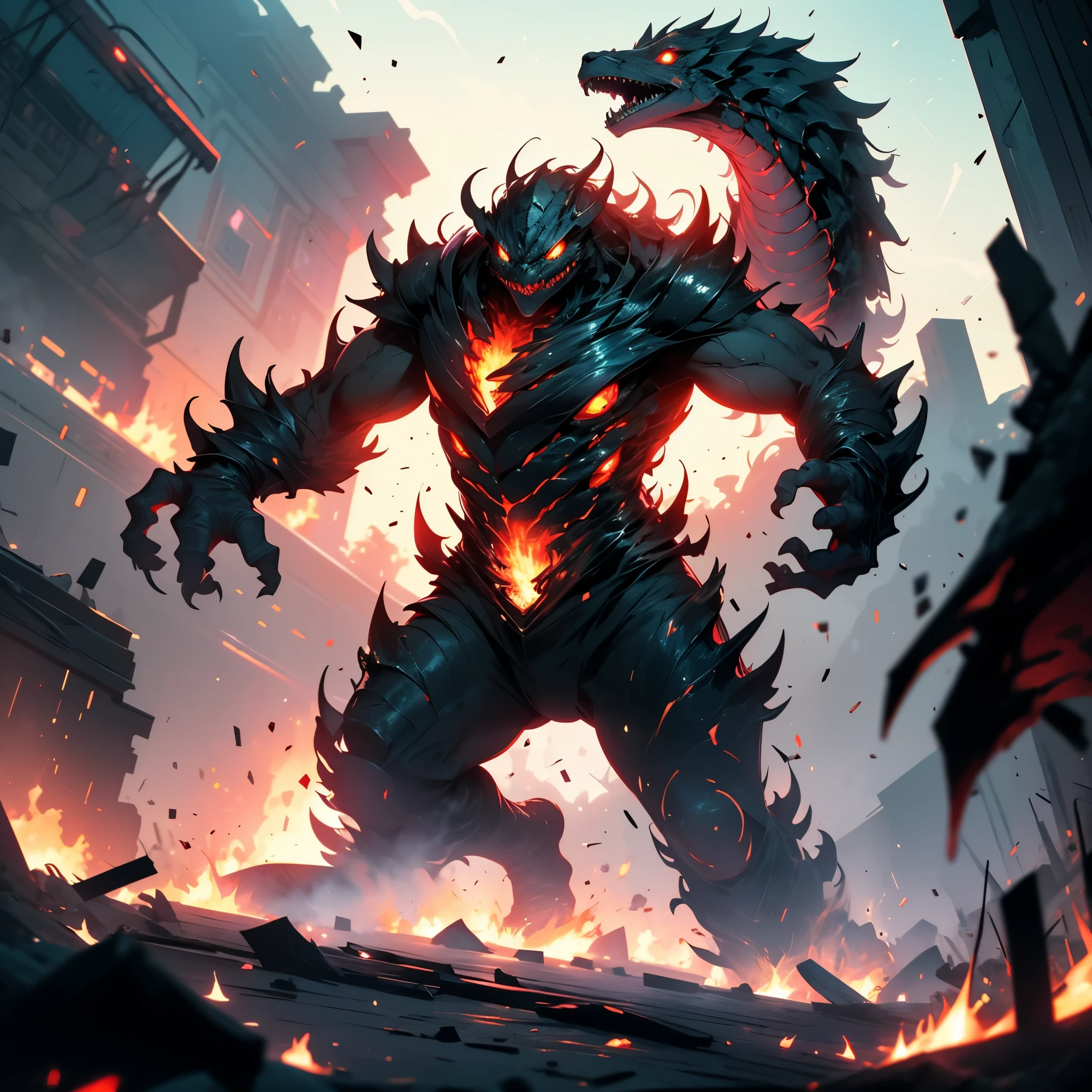 Ah, got it! Let's reimagine Inferno Goliath as a monstrous creature:
Name: Molten Behemoth
Description:
- The Molten Behemoth is a colossal creature, towering over the landscape like a living volcano.
- Its body is composed of molten lava, with streams of fiery magma flowing and churning beneath its rugged surface.
- Jagged spires of obsidian jut out from its back, resembling the craggy peaks of a volcanic mountain range.
- Glowing veins of molten rock run through its massive form, illuminating its body with an intense, fiery glow.
- Heat radiates from its body in powerful waves, scorching the earth and igniting everything in its vicinity.
Abilities:
- The Molten Behemoth possesses incredible strength and durability, capable of smashing through mountains and flattening entire cities with ease.
- It can manipulate the lava that makes up its body, shaping it into tendrils, projectiles, and waves of molten fire to engulf its foes.
- Its mere presence causes the earth to tremble and quake, unleashing devastating earthquakes and volcanic eruptions that reshape the landscape.
- The Molten Behemoth can spew forth streams of molten lava from its mouth, raining down fiery destruction upon anything unlucky enough to be caught in its path.
- It is virtually invulnerable to conventional weaponry, its molten body absorbing and dissipating the force of incoming attacks with little effect.
Nature:
- The Molten Behemoth is a primal force of destruction, born from the fiery depths of the earth and fueled by the molten fury of the volcano.
- It roams the land like a force of nature unleashed, leaving a trail of devastation and destruction in its wake.
- Despite its monstrous appearance, there is a sense of ancient wisdom and power emanating from its molten form, hinting at a deeper connection to the natural world.
- The Molten Behemoth is a solitary creature, dwelling deep within the heart of volcanic regions where the earth's crust is thin and the molten rivers flow freely.
- It