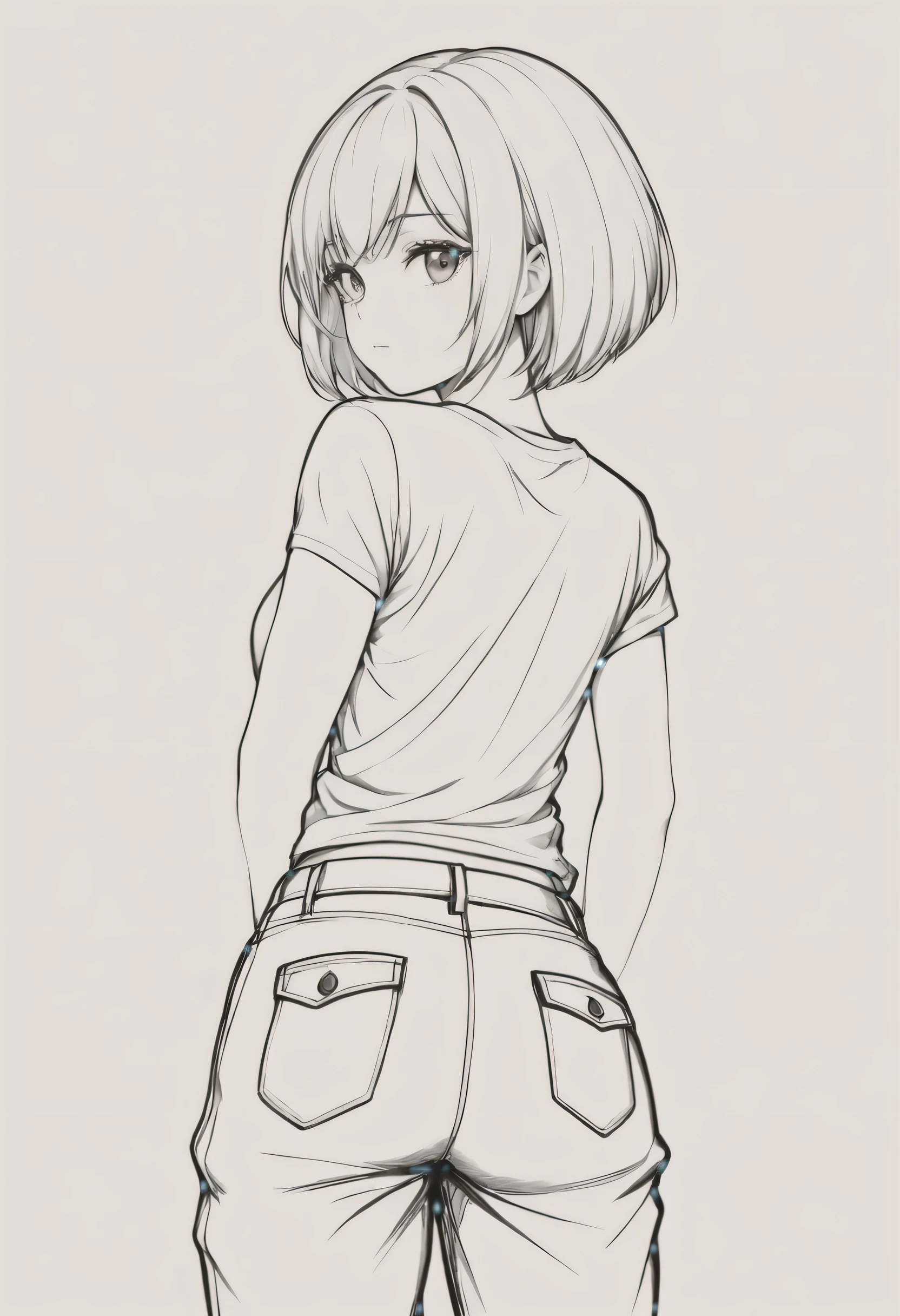 masterpiece, highest quality, High resolution / hire, Super detailed, shape, from before, cowboy shot, looking at the viewer, (1 female:1.2),straight short hair, cargo pants, T-shirt, ((simple white background)), closed mouth, looking back, white background, monochrome, line drawing, ((sketch)), middle chest,