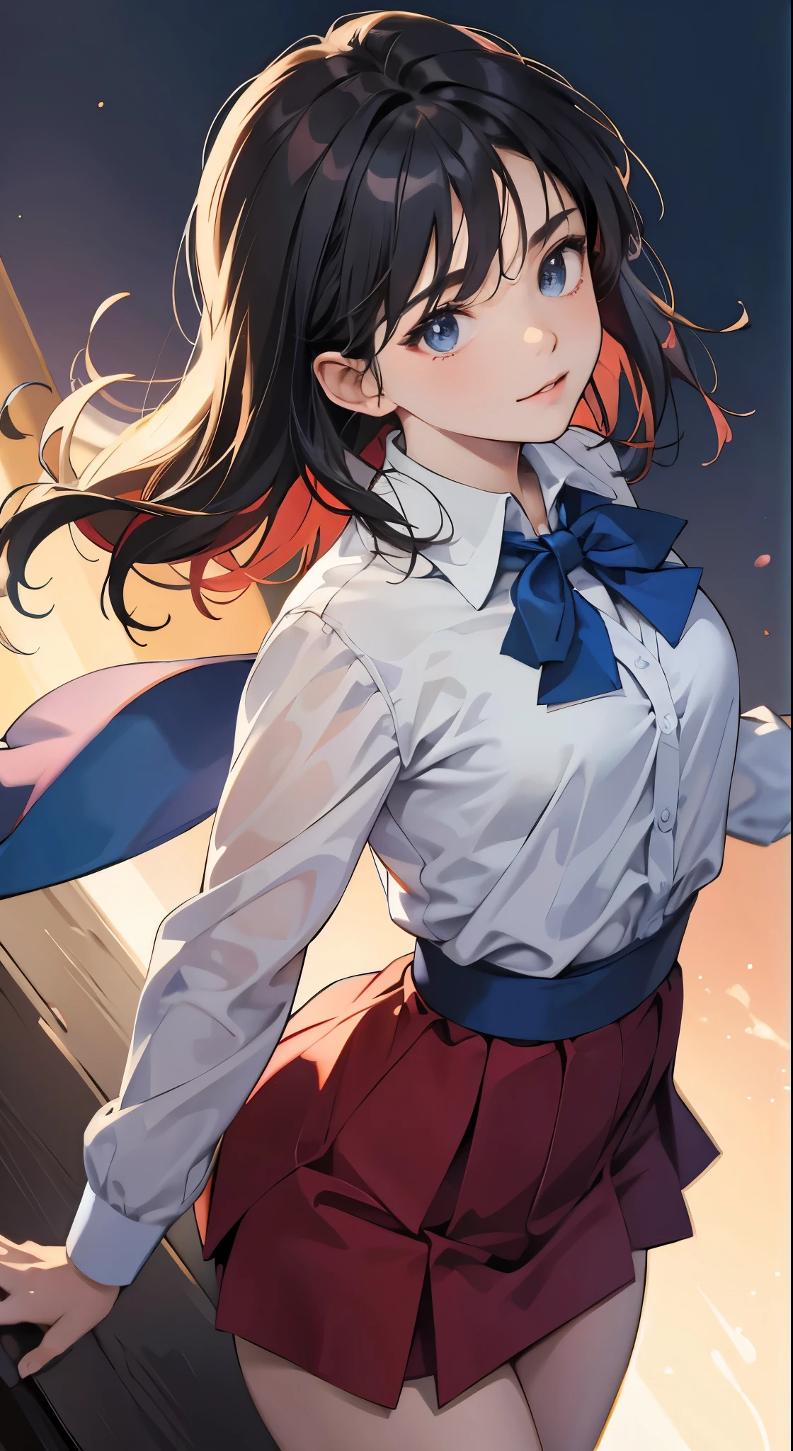 (masterpiece: 1.1), (best quality, Super Resolution: 1.0), (8k resolution: 1.2), (Reality, Ultra Detailed, clear focus 1:0), (original photo, light: 1:1), rest detailed reflecting eyes by professional digital painting, Pretty pretty cute little face, (1 Girl:1.3), rest 17 age, , (blue bow tie, blue sash:1.3), rest (Red Bolero Jacket, Red Skirt:1.1), rest White blouses, Long sleeve,