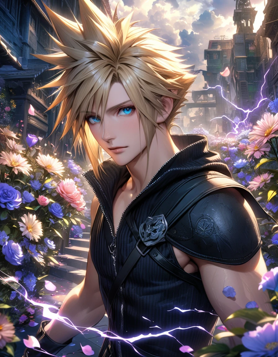 Ultra detailed, Highres, absurdres, HDR, Cloud Strife, blue eyes, blond hair, Final Fantasy VII Advent Children, purple lightning, handsome, 1 man only, very detailed face and eyes, flowers and petals