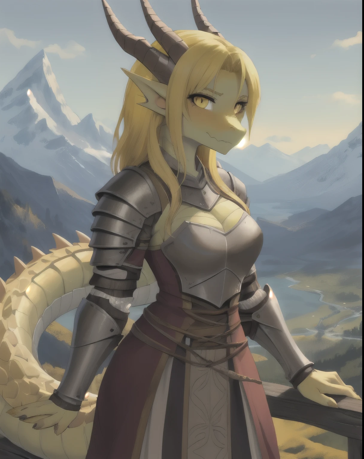 1girl, (Feminine), curvy body, solo, masterpiece, mountain, scenery, (dragon girl:1.2), dragon, yellow scales, yellow hair, dragon horns, dragon tail, yellow eyes, slit pupils, (scales, scalie:1.2), (wearing light medieval armor)