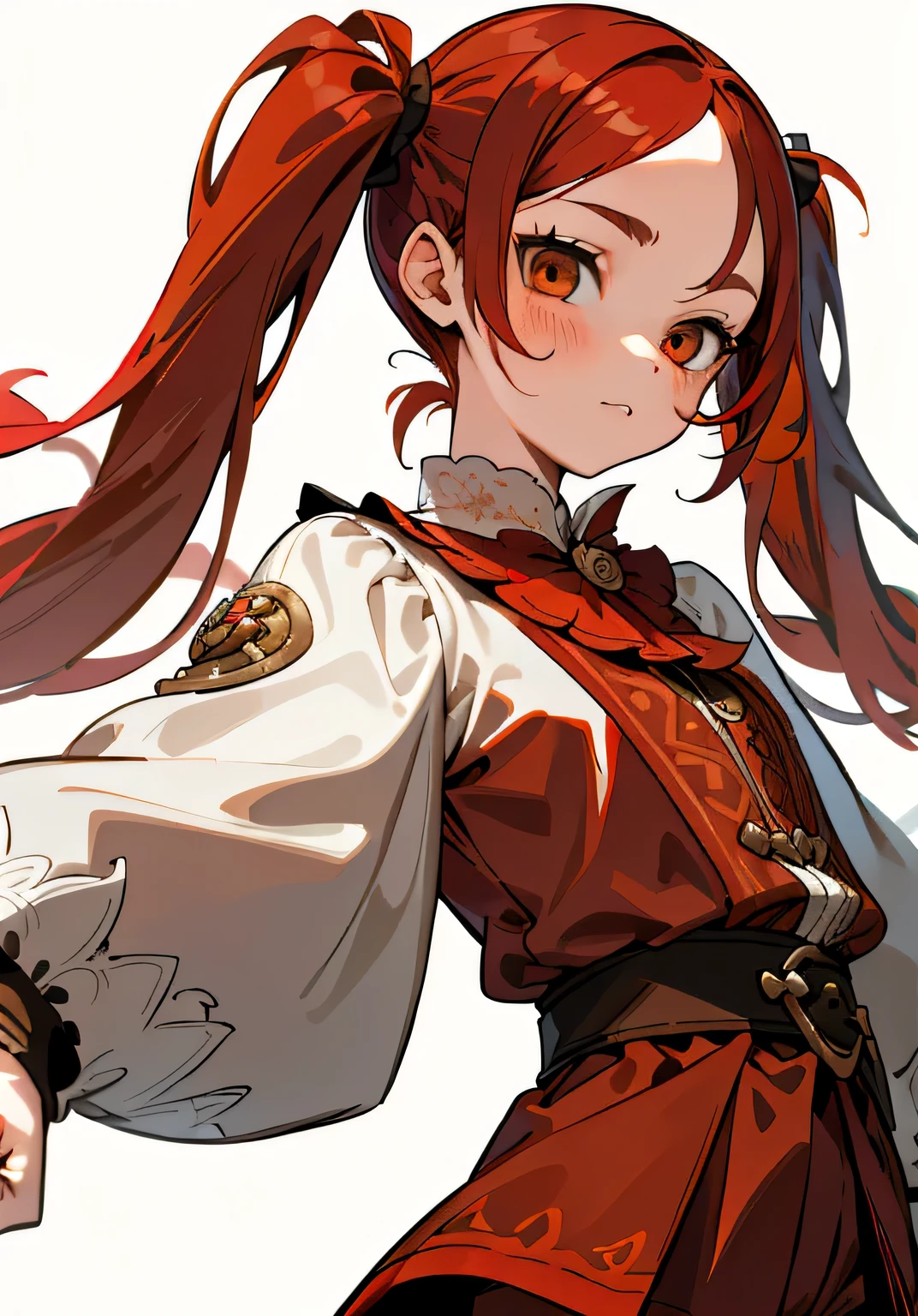 1GIRL, cute girl, finely detailed, (best quality), (intricate details), cute style, mage style, magician style, multicolored, dungeons and dragons style, ((long red hair in pigtails)), best quality, ((long sleeve shirt and shorts)), ((white and brown clothes)), ((round eyes)), beautiful face, cute face, pinup, perfect face, simple background portrait