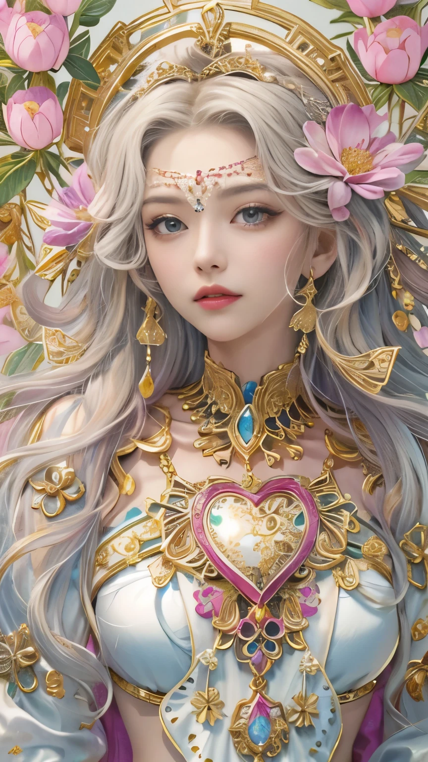 (Tabletop, highest qualityの, highest quality, Official Art, Beautiful and aesthetic:1.2), (1 fantasy girl), Very detailed, Glamorous Jewelry,Face is close, Shapeless long hair, (Fractal Art:1.3),colorful,Best details.expressed in the shape of a heart、heart shaped ornament、Use a lot of heart shapes、Use a lot of heart shapes in the background、pink、use lots of flowers、Angle from above the knee,The skin is white and transparent,High heels、Gold Anklet、