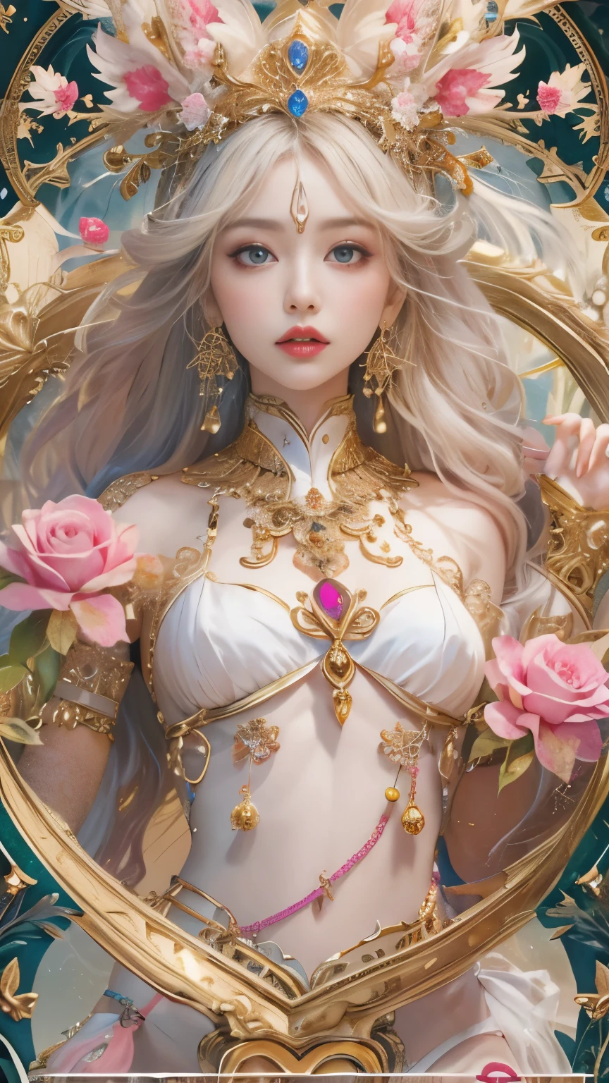 1girl, long_hair, bright_hair_color, seductive_eyes, mysterious_expression, mature_appearance, glamorous_outfit, flowing_dress, elegant_jewelry, intricate_embellishments, magic_symbols, glowing_accessories, potions, scrolls, cute_accents, bows, ribbons, flowers