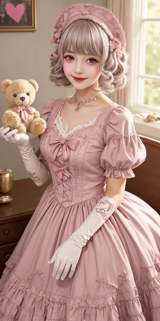 1girl, photo, masterpiece, sweetlolita at bedroomgothic gothic interior, silver curly hair, pink gown fabric, heart shape on cheek, blush pink makeup, gloves, smile, pastel color, ornate, embroidery, holding stuffed teddy bear, bokeh