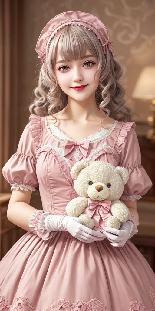 1girl, photo, masterpiece, sweetlolita at bedroomgothic gothic interior, silver curly hair, pink gown fabric, heart shape on cheek, blush pink makeup, gloves, smile, pastel color, ornate, embroidery, holding stuffed teddy bear, bokeh