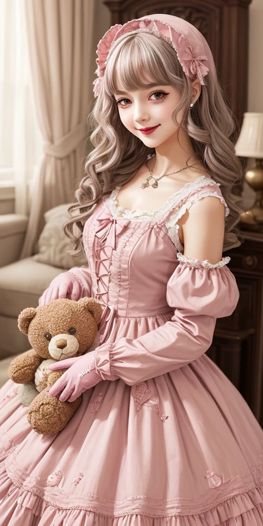 1girl, photo, masterpiece, sweetlolita at bedroomgothic gothic interior, silver curly hair, pink gown fabric, heart shape on cheek, blush pink makeup, gloves, smile, pastel color, ornate, embroidery, holding stuffed teddy bear, bokeh