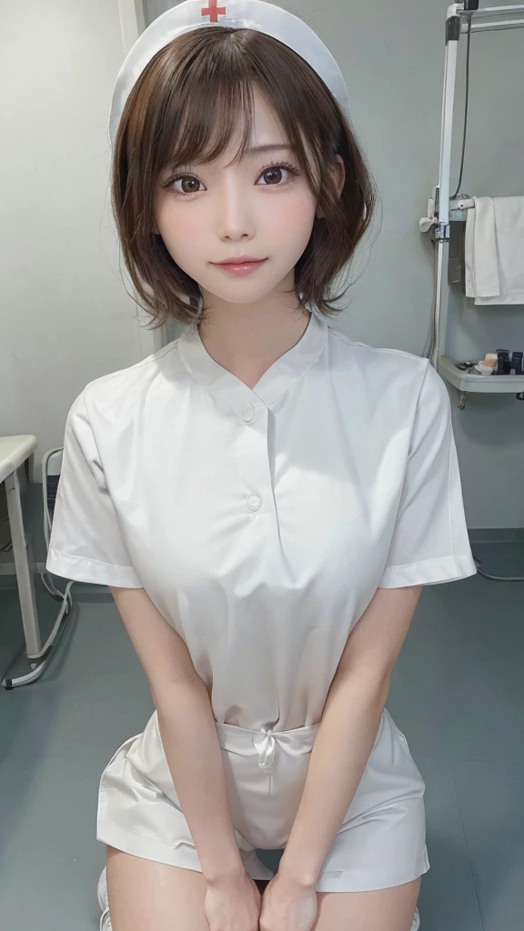 (8K High Resolution), (highest quality), (RAW quality), (reality), (reality的な:1.37), Big 目,Long eyelashes,Exquisite,The ultimate face,reality的な光と影,Distinct facial features,Milky skin, Highly detailed skin,reality的な skin details,Visible pores,(Very detailed),(short hair),Best portraits,((Photo taken from a distance, from the front)), There's only one girl, Cute type,fine and beautiful 目, Beautifully detailed nose, Highly detailed skin) ,(Beautiful face with double eyelids), (realism: 1.4),Excellent details, Ultra-high resolution,,,Delicate and beautiful face,21 years old,(Beautiful Face 1.4),(Photographed in a hospital operating room),(Wearing a nurse uniform, she makes eye contact with the audience.),Wearing a nurse uniform,(The hospital is white.),Very beautiful legs,((Crouching in front of the viewer)),squat with your legs slightly open,the hospital floor is white,Crouching in front of the viewer,((Crouching in front of the viewer)), ((21 years oldの女の子, slim, Thin waist, Thin thighs, Thin arms, smile)), Look Up, (View from above:1.2), Semen On , Penis Facial, how, throw, (Sticking out tongue, Open your mouth),