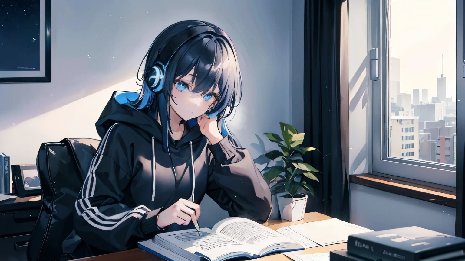 A female teen, with black to blue gradient hair, wearing headphones, sitting at her desk, reading book, open windows, bedroom, ((masterpiece)), ((best quality)), perfect lighting, soft shadow, depth of field, night time, starry sky