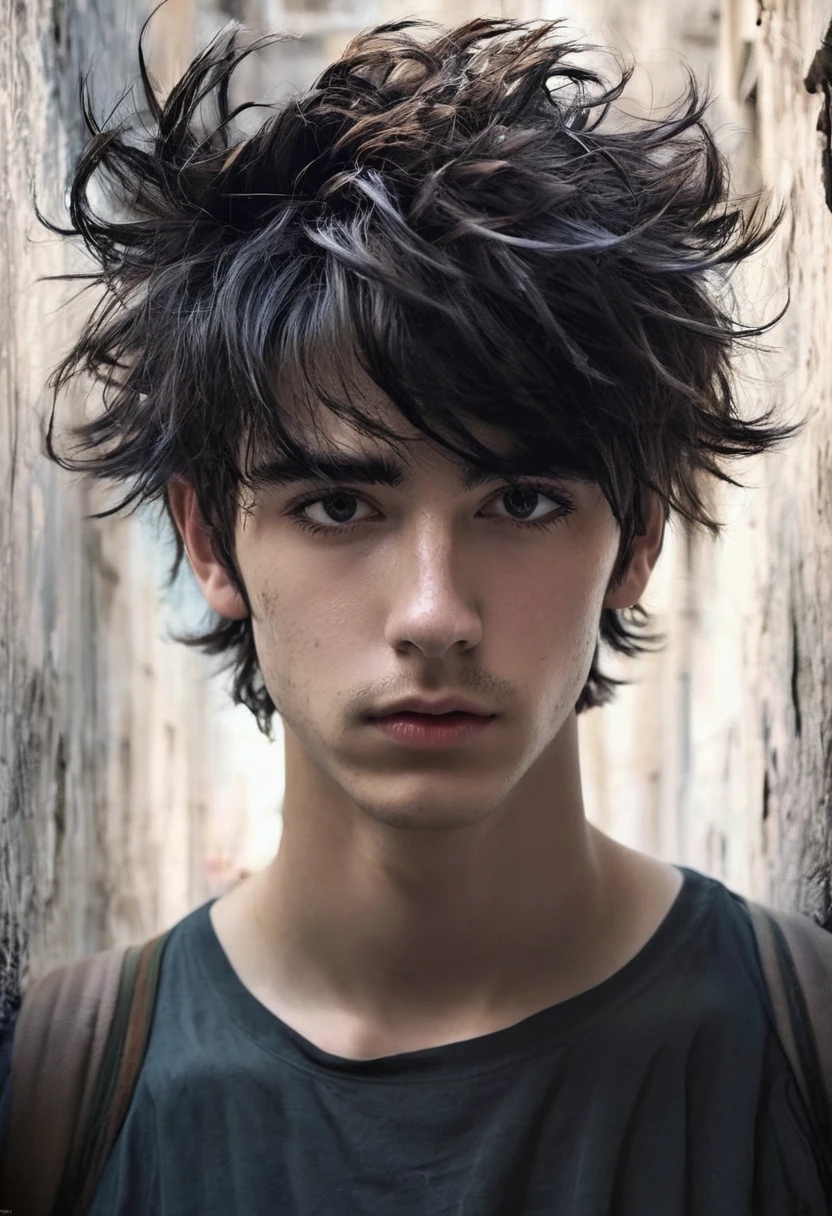  young man has an intriguing and enigmatic appearance, with dark, messy hair that falls over his pale face and deep, penetrating eyes that seem to hide a world of secrets. His presence is magnetic but disturbing, y su aura de misterio lo rodea como un velo.