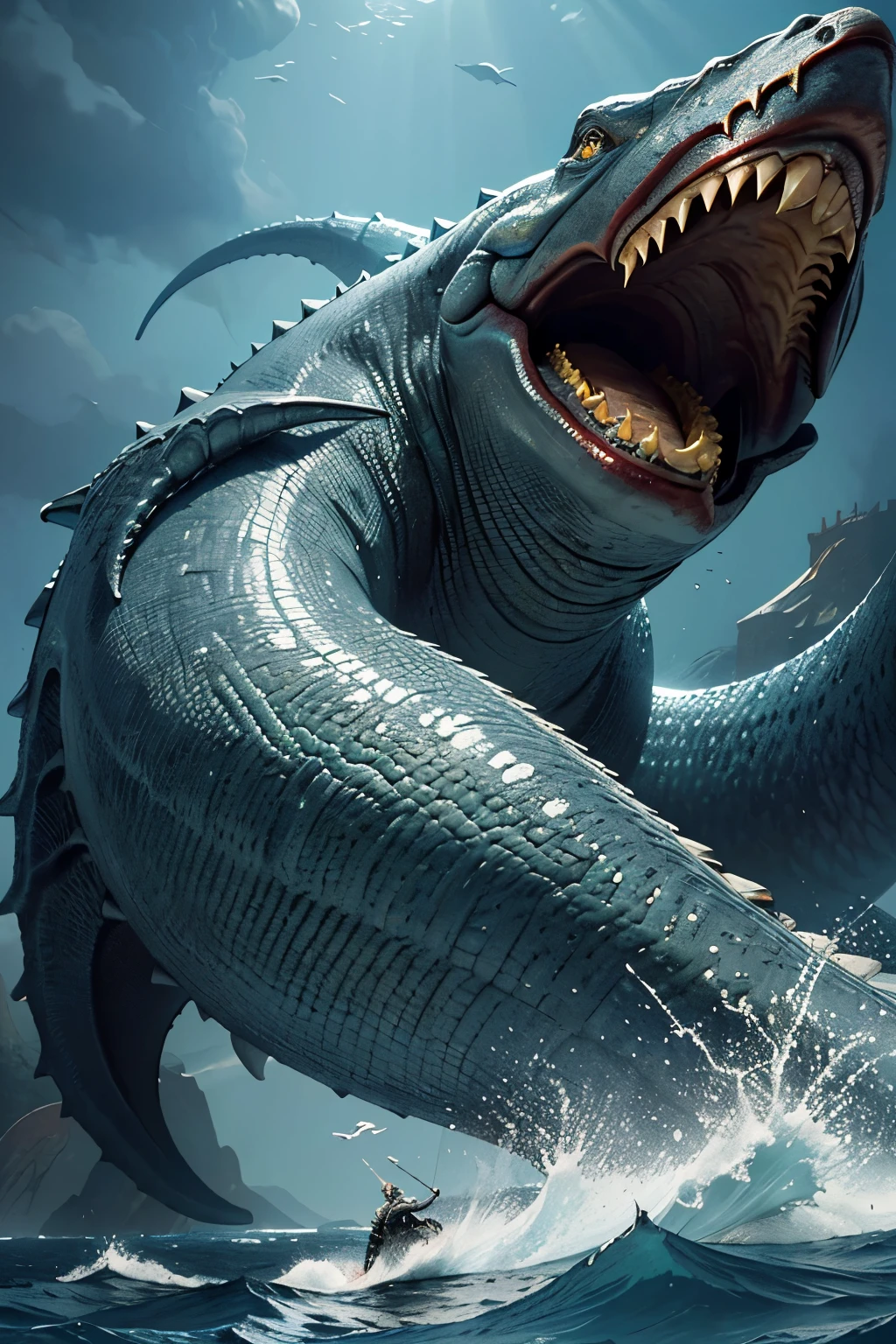 (Hyper-realistic illustration of a), (gigantic Leviathan with sharply), (afiado dentes and resilient scales covers its massive body), (Larger than any ship in sight, this creature dwells in the vast), (marine expanse with an imposing presence).
The Leviathan's eyes glow with a primal intensity under the shimmering (waves), while its powerful tail thrashes the water, leaving ripples that stretch for miles. The intricately depicted scales convey a sense of (toughness and durability), as if they could shield the beast from harm. This (masterpiece) transports the viewer to an underwater