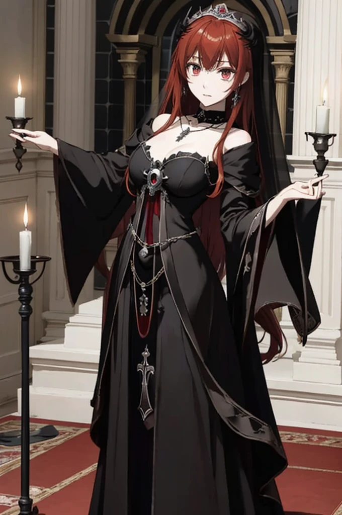 ((highest quality)), ((masterpiece)), (be familiar with), Perfect Face、The Enchanting Body of Celica（FE）、Red hair、The perfect proportions、semi-long、necklace、Bangles、Caster wheel、Circlet、Luxury Accessories、first round、naked、Fallen into evil、、Blank look、Engagement Rings、全naked、Hollow Eyes、Ritual of Summoning Demons、Dark Room、Red magic circle on the floor、、Lots of candlesticks and candles、darkness、Black sheets、Devil's Altar、Suspicious rituals、Skull Object、Big magic circle on the floor、Skull Candlestick、Luxury Jewelry、Offered on the altar、Be baptized by the devil、Skeleton Crown、black large gemstone pendant、empty eyes、Apathy、Expressionless、Black priestly uniform、devil&#39;s priest、believer in demons、dark priest、Black religious clothing、Richly decorated priestly vestments、Black clothes、Black Veil、Devil's Ornaments、Devil&#39;s Accessories、Temple of the Devil、Standing in front of the altar、Open your arms、Devil&#39;s Sculpture、Black interior