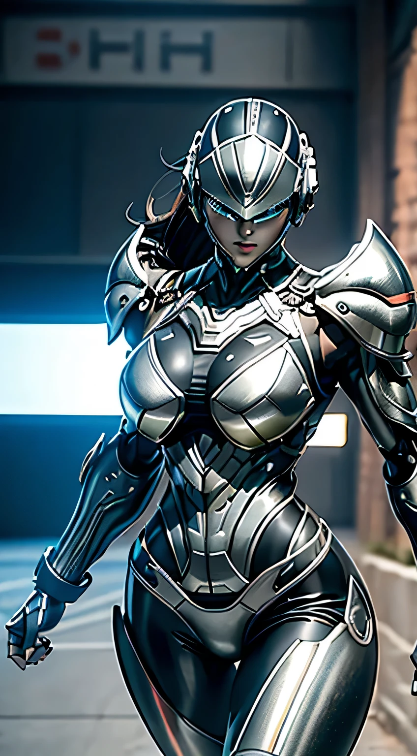Female Robocop Solo、bright outdoors、strong light source、8K, high quality, masterpiece, 最high quality、very detailed、Armor that completely covers the whole body、very large armor、Helmet covering the head、clear pictures、Eyes hidden by thin straight goggles:1.3、The lower half of the face is raw:1.5、The lower half of the face is exposed、Luscious lips、Matte black and white metallic armor、Armor that completely covers the chest、Long, slender legs、Vibrant posel body view,Big and ample breasts:1.5, (Sports Body:1.5)、Five Fingers、photos around town