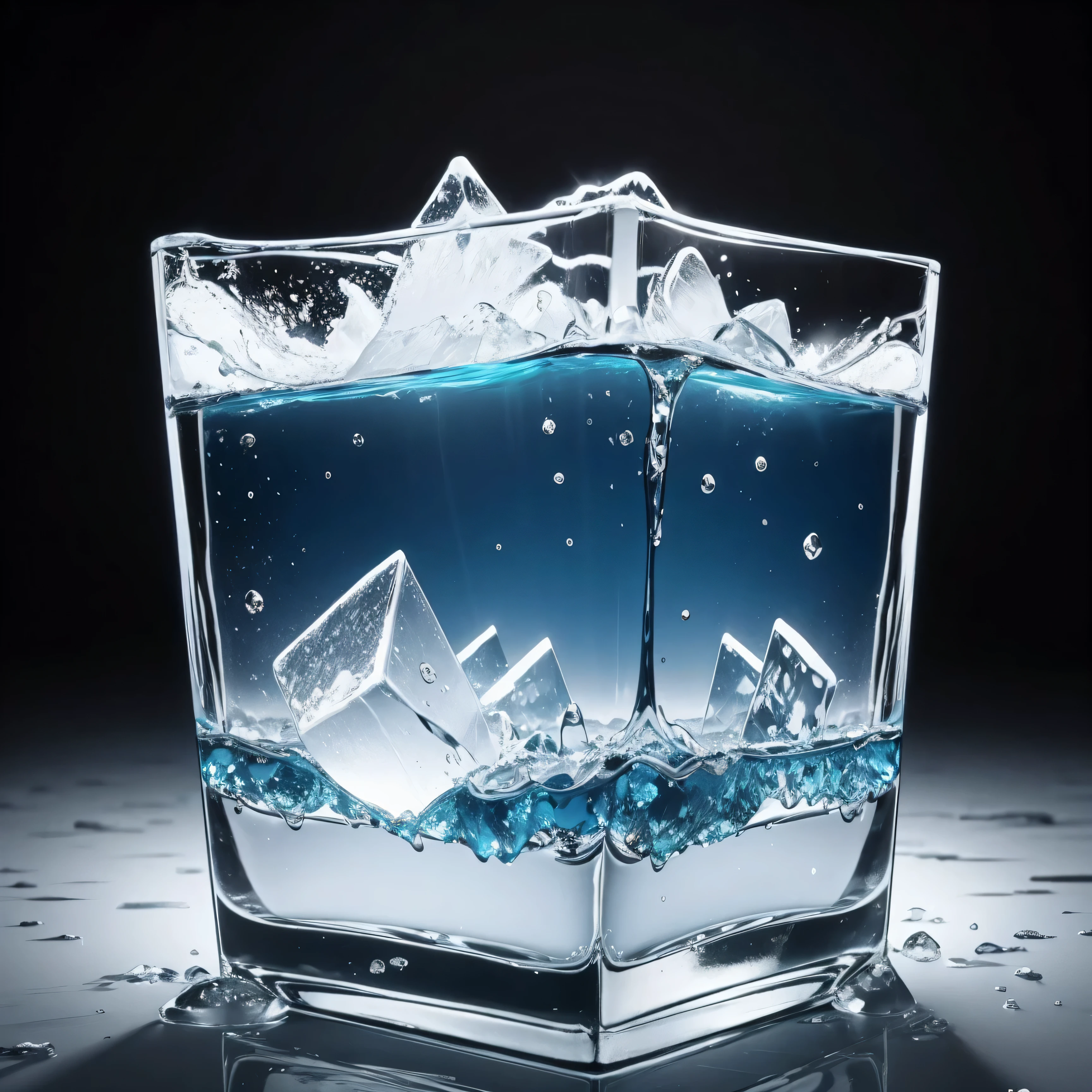Generate a hyperrealistic description of a block of ice floating in a glass of fresh water. Describe the ice as a solid, cool mass, slowly melting into the clear, untouched water. Portray the purity of the fresh water contrasting with the pristine block of ice, capturing the intricate details of textures merging as the ice begins to dissolve.
