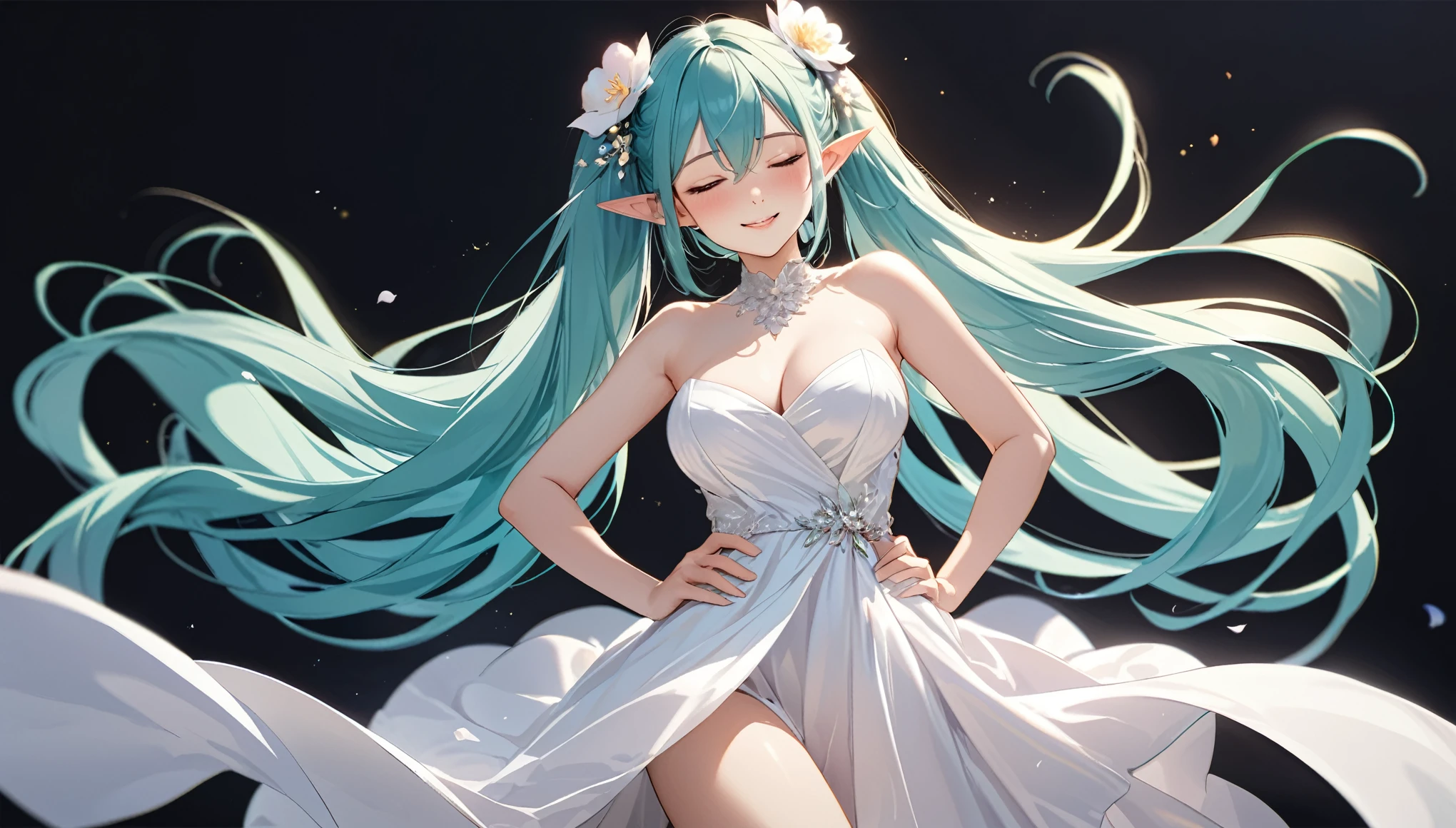 (masterpiece, highest resolution,highest quality ), 1 elven girl, ( bare breasts, thigh),  (aqua hair, twin tails ,very long hair , floating hair ), full body, hand on hip ,hair between eyes, multi colored hair, hair flower ornament ,(blush, smile, close  eyes), close mouth, party dress,  white dress , strapless dress, (Open the front of the  dress chest very wide), large breasts, pointed ears, ((simple background,  black background))