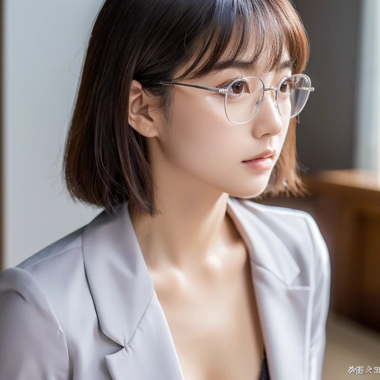 I&#39;m working、sexy、Inconspicuous、Quiet、beautiful girl、Japanese、Beautiful breasts、Short Bob、suit、round face、Thin, silver-rimmed round glasses、job hunting、Big Breasts,Ultra-realistic capture, Highly detailed, High resolution 16k close-up of human skin. Skin texture must be natural, With such detail that pores can be finely identified. Skin should look healthy, In a uniform tone. Use natural light and color,(RAW Photo, Best Quality), best Quality, Highly Detailed, Masterpiece, Ultra Detailed