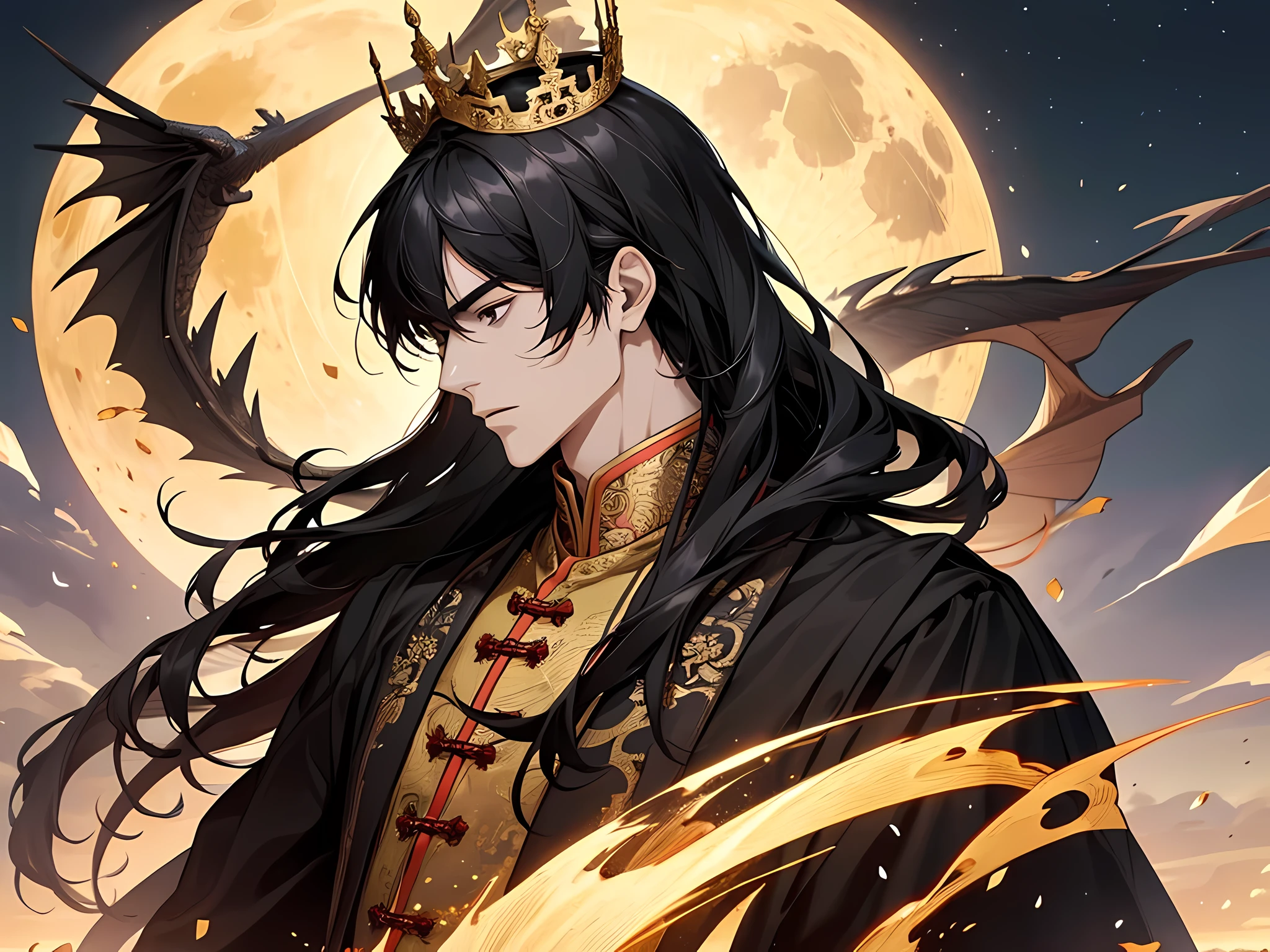 Masterpiece, best, night, full moon, 1 person, mature man, ancient China, Chinese court, eagle, black hair, black eyes, split hair, long hair, long bangs, handsome, face carving, Chinese crown, handsome, masculine, Serious, gentle, tall, calm, black and gold, gold pattern, dragon pattern, prince, sword match, profile, facial features details, facial features exquisite