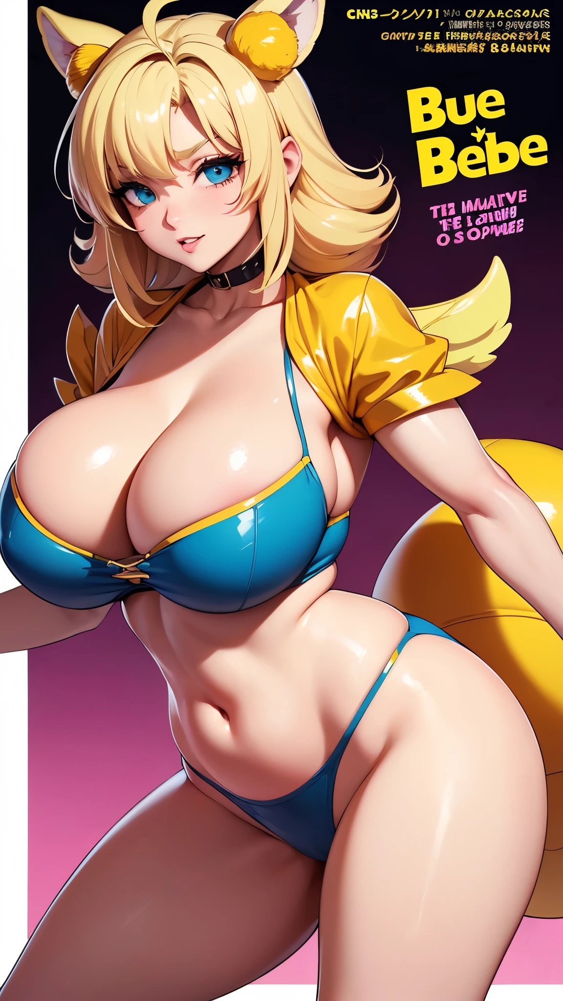 Best quality, High quality, 16k comic cover Anime-toon, (blonde_human), solo, ((80's age anime style)), ((monster_girl bee_girl)), ((animal_girl, stunning_voluptuous_sexy)) ((anime-pinup))