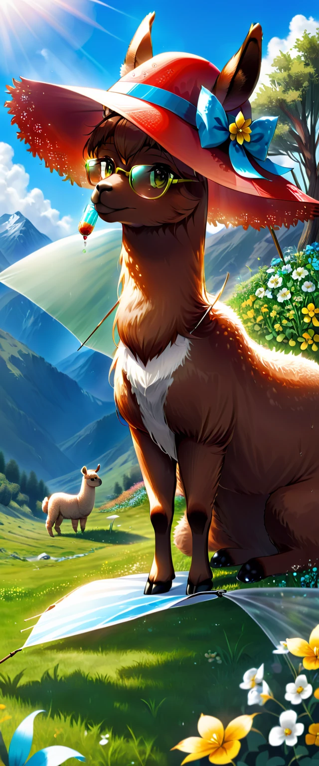 ((an alpaca in the Andes, posing sunbathing, with glasses, a summer hat on his head, drinking a juice with an umbrella over the glass:1.5)), ((heat, hot day, green grass, wild flowers: 1.5)), realistic:1.3,( photorealistic, 8k, RAW Photos, Premium quality, masterpiece, epic lighting, Centered image), (long shot), full body shot, 32k