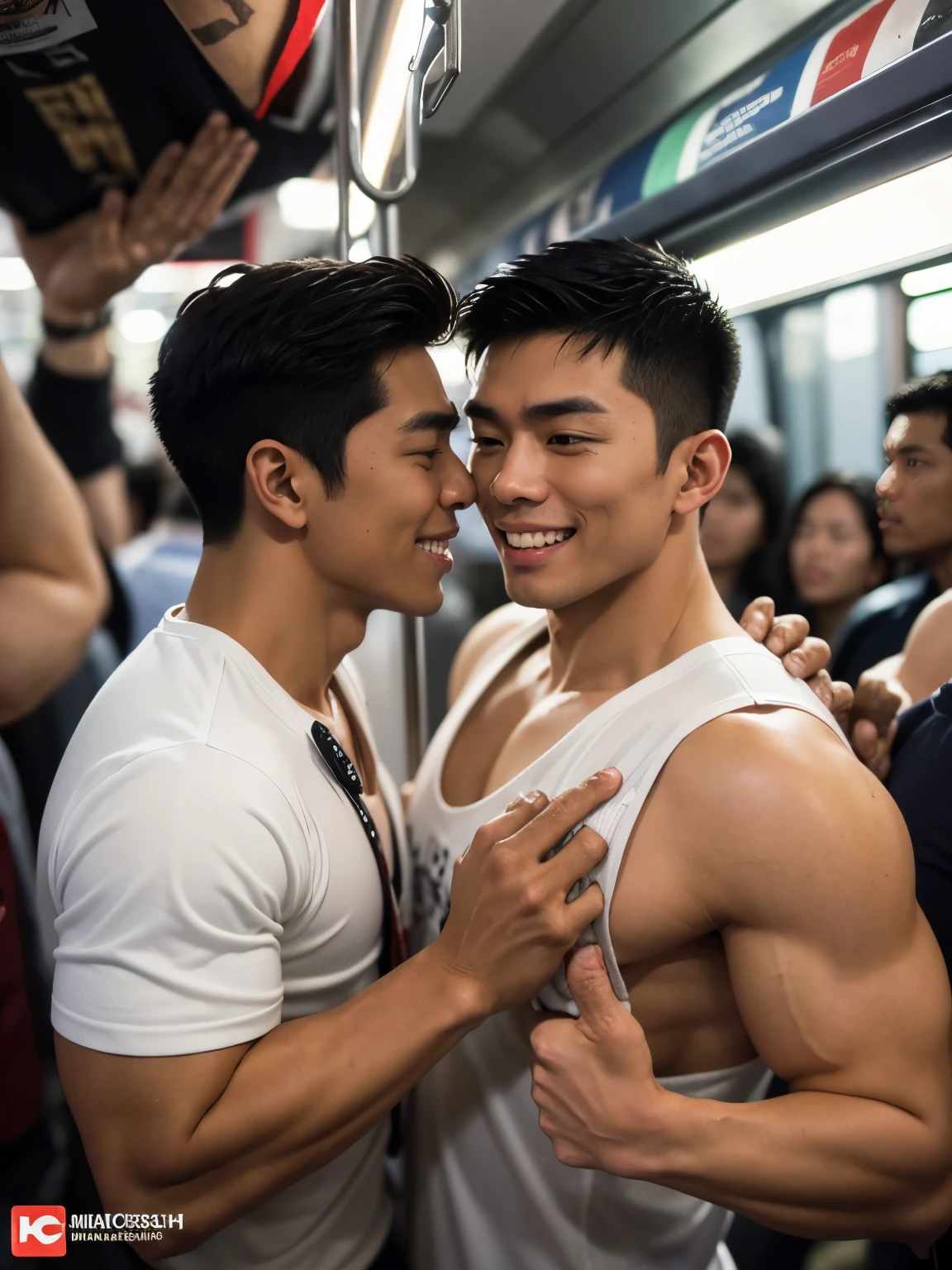 two extremely handsome 30 year old filipino men, bodybuilders, facing each other in (((crowded metro train))), their hands grab each other's small penises, dripping precum, (((looking at each other))), big smile, sexy, gay, homoerotic, highly detailed, intricate details, photorealistic, sharp focus, dynamic lighting, dynamic shadows