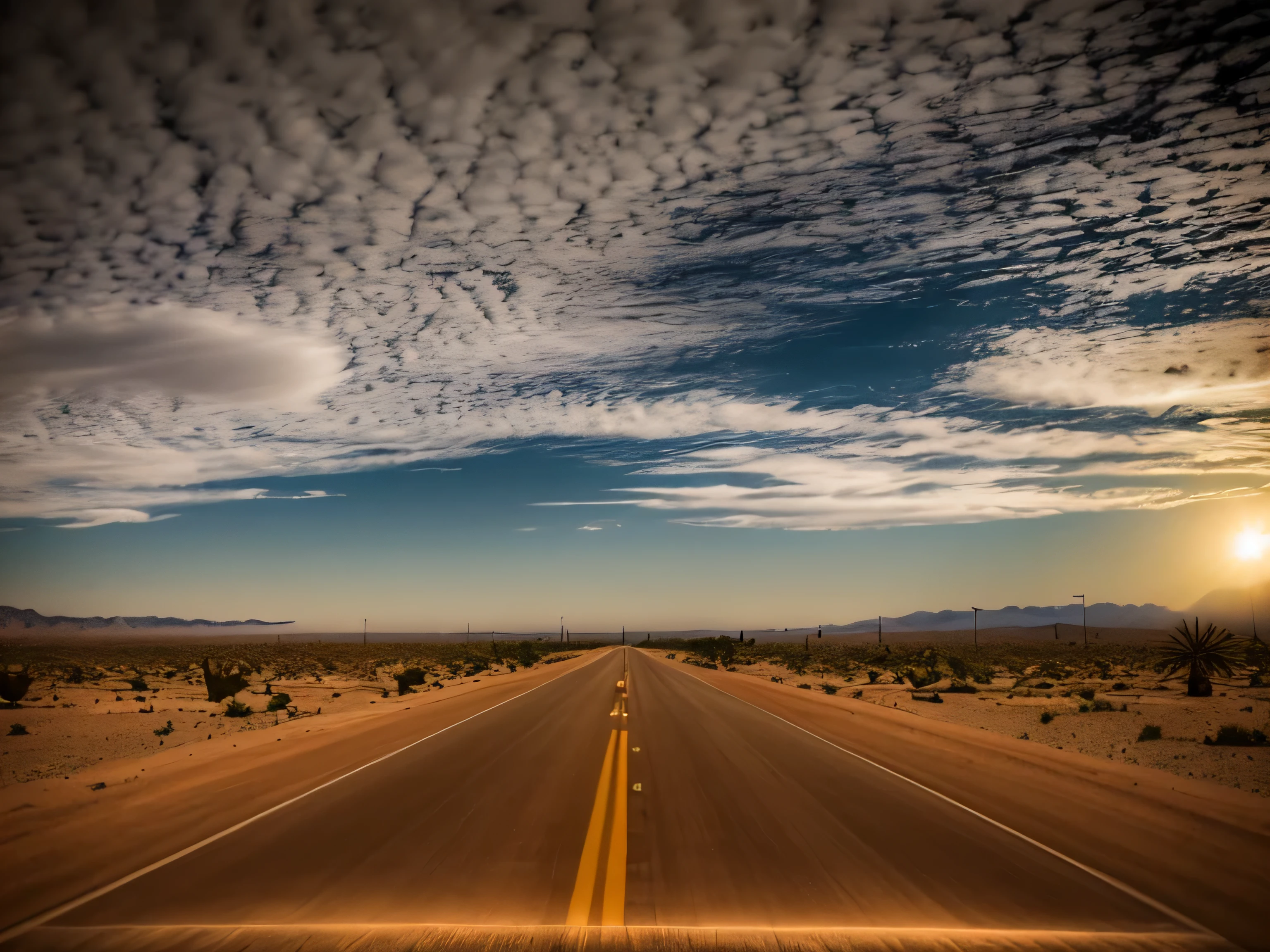 there is a car driving down road in the desert, road california desert, Desert Highway, open road, on a dark Desert Highway, Empty roads in the middle, on the way, On the desert road, Long highways, wide road, Long Road, road, mojave desert, Empty roads, Distant scenery photos, Apple mobile phone pictures, wide angle long shot
