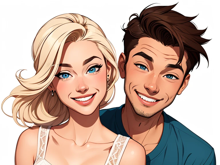 Happy couple of man and woman with beautiful smile cartoon style digital illustration white background