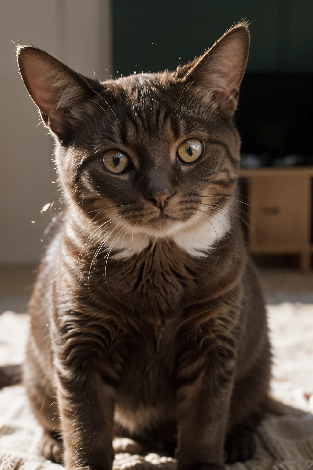 Un gato naranja con un pelaje dorado , ojos verdes centellantes con una 
expresion de angustia sin perder su toque como gato desertico