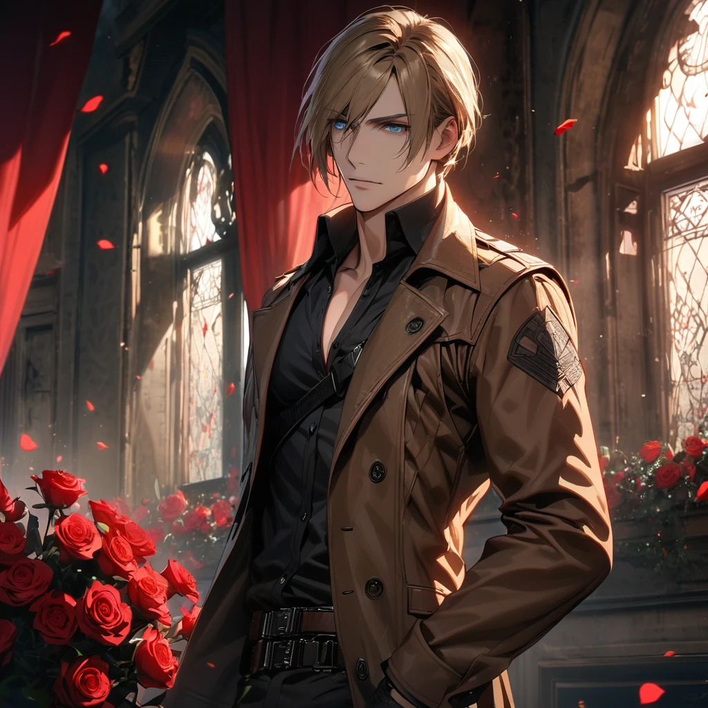 absurdres, highres, ultra detailed, HDR, masterpiece, extremely detailed face and eyes, Leon S Kennedy, blond-brown hair, expressive blue eyes, Resident Evil 6, 1man, handsome, brown coat, tight black shirt, toned chest, window, red curtains, petals, roses