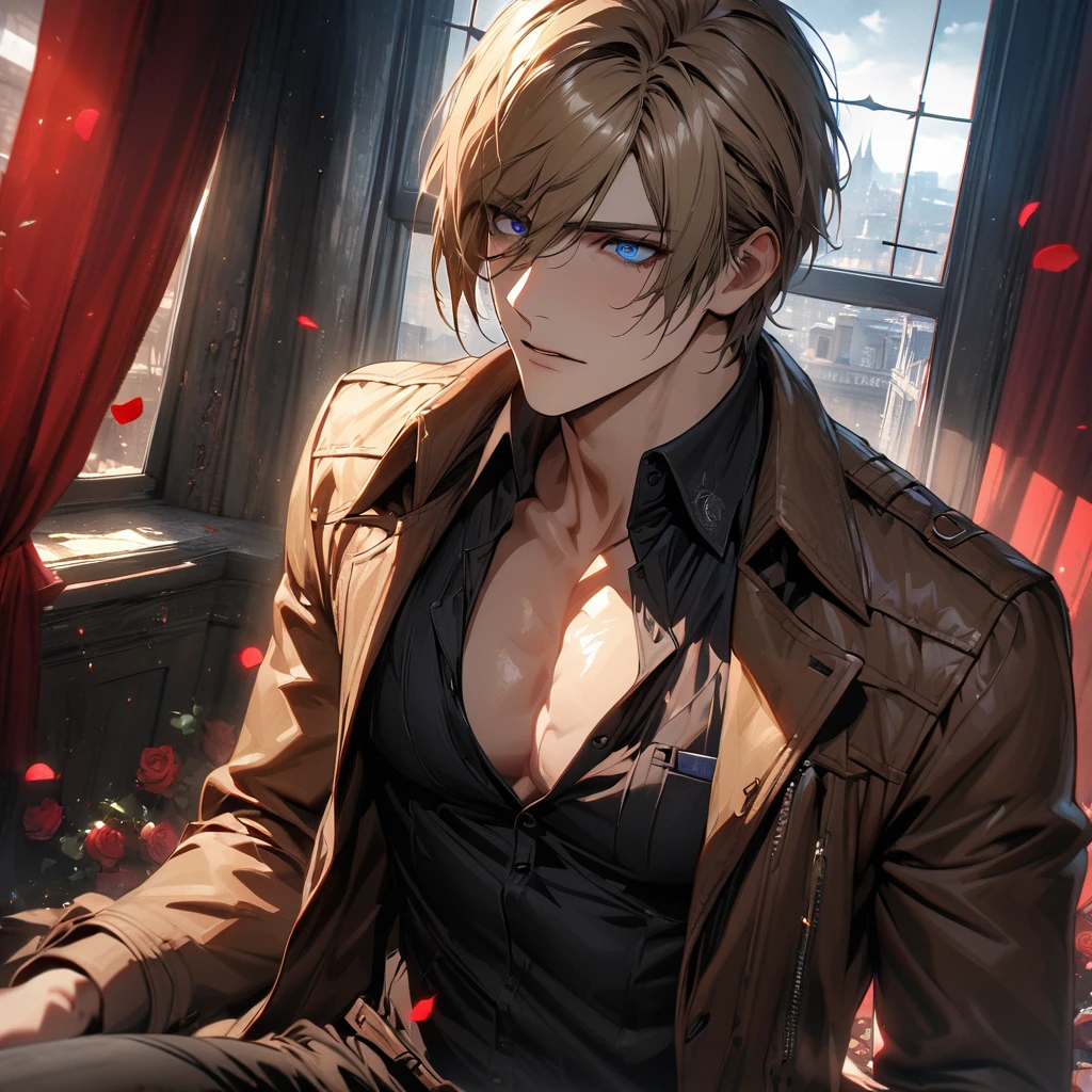 absurdres, highres, ultra detailed, HDR, masterpiece, extremely detailed face and eyes, Leon S Kennedy, blond-brown hair, expressive blue eyes, Resident Evil 6, 1man, handsome, brown coat, tight black shirt, toned chest, window, red curtains, petals, roses