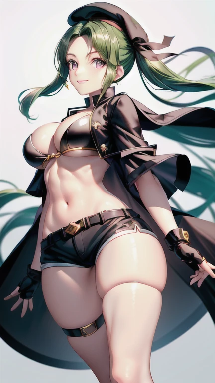 ubel,((ubel of Frieren: Beyond Journey's End )),dark green hair,long hair,side ponytail,hair between eyes,bangs, BREAK (beret, black jacket, open clothes, cleavage, midriff, black shorts, black thighhighs, thigh strap, fingerless gloves, single glove:1.2) , (dynamic angle:1.3, front view:1.1, breast focus:1.3, from below:1.2), (dynamic posing:1.5, sexy posing:1.2, leaning forward), (seductive smiling:1.3),(*K) HD, highest quality, WorKs of masters, High resolution, spread legs, panties shot,1 girl, small nose,(with sparkling eyes and a contagious smile), very beautiful detailed face and eyes, bright colors, cute face, delicate beautiful face, Bright magenta eyes, cute eyes, sparkling eyes, Big eyes, (big breasts:1.3), (perky chest:1.1), (pointed chest:1.0), medium hips, glamorous body, white skin, smile, thin pubric hair, shiny hair, super beautiful face, Super beautiful eyes, Super beautiful hair,trendy outfit,magazine cover,sexy and attractive,explosion of colors,big hairpin,full body esbian,illegal occupation, Real World, Natural light,perfect Natural light,looking at viewer,