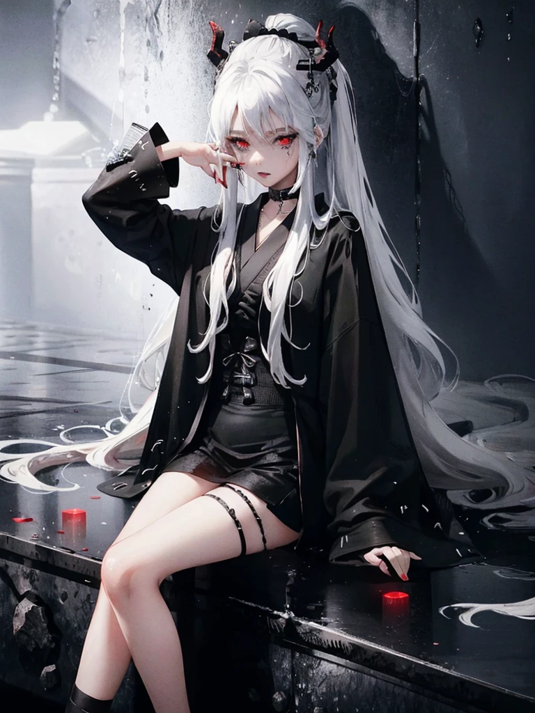 Masterpiece, best quality, high quality, ultra detailed, 1girl, looking at viewer, white hair, gray eyes, black lipstick, black shirt, sitting on a white floor, demon girl, gothcore, 1 3 -  - old,th girl, japanese gothic, gothic punk style, black metal style, hands on head,.yurikiss、Girl kissing girl、Red Eyes、