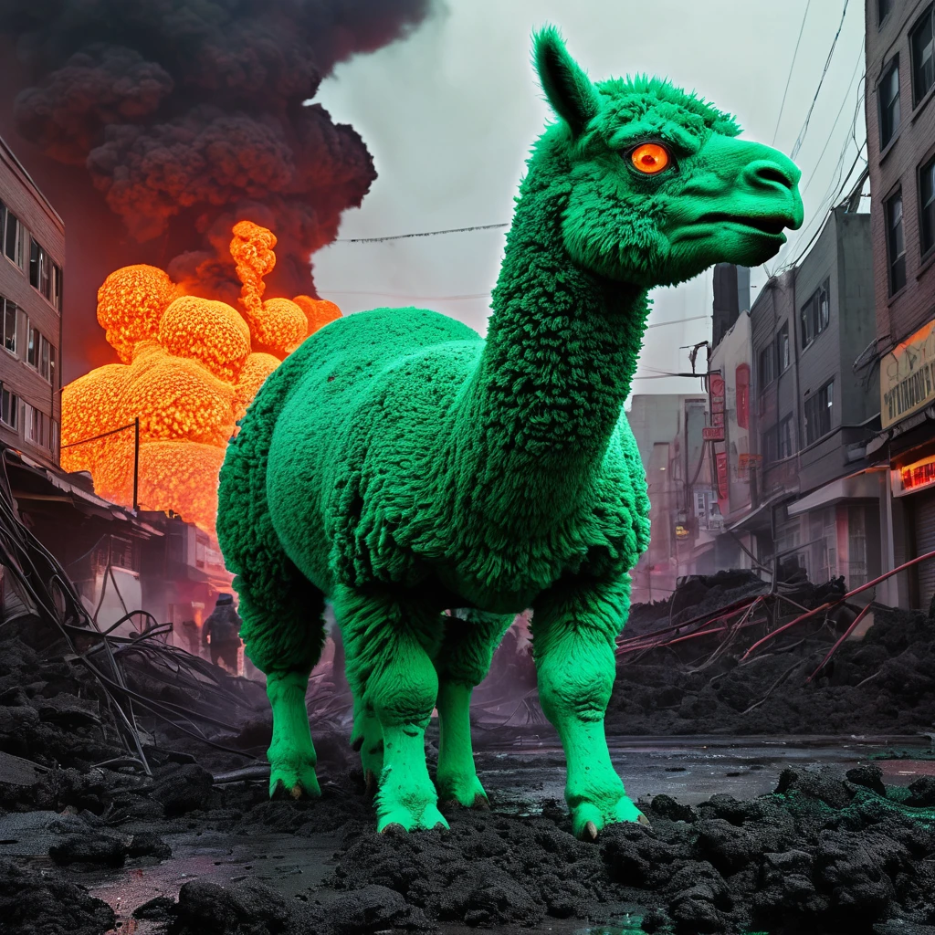 (high quality,realistic,ultra-detailed),(complex, multiple subjects),(subject 1:creep radioactive green Alpaca kaiju with glowing backlit eyes and sharp teeth), (subject 2: creepy lava toad kaiju emerging from a fiery crater,giant tentacles flailing),destructive battle,burning buildings and shattered glass,panicked crowd fleeing,the ground shaking under their colossal feet,flaming debris filling the air,neon lights reflecting off the chaos,streaks of radioactive fire illuminating the night sky,toxic smoke billowing from the clash,evoking a sense of dark horror and impending doom,portraits,nightmarish landscapes,surreal photography,ominous color palette,shadowy and atmospheric lighting
