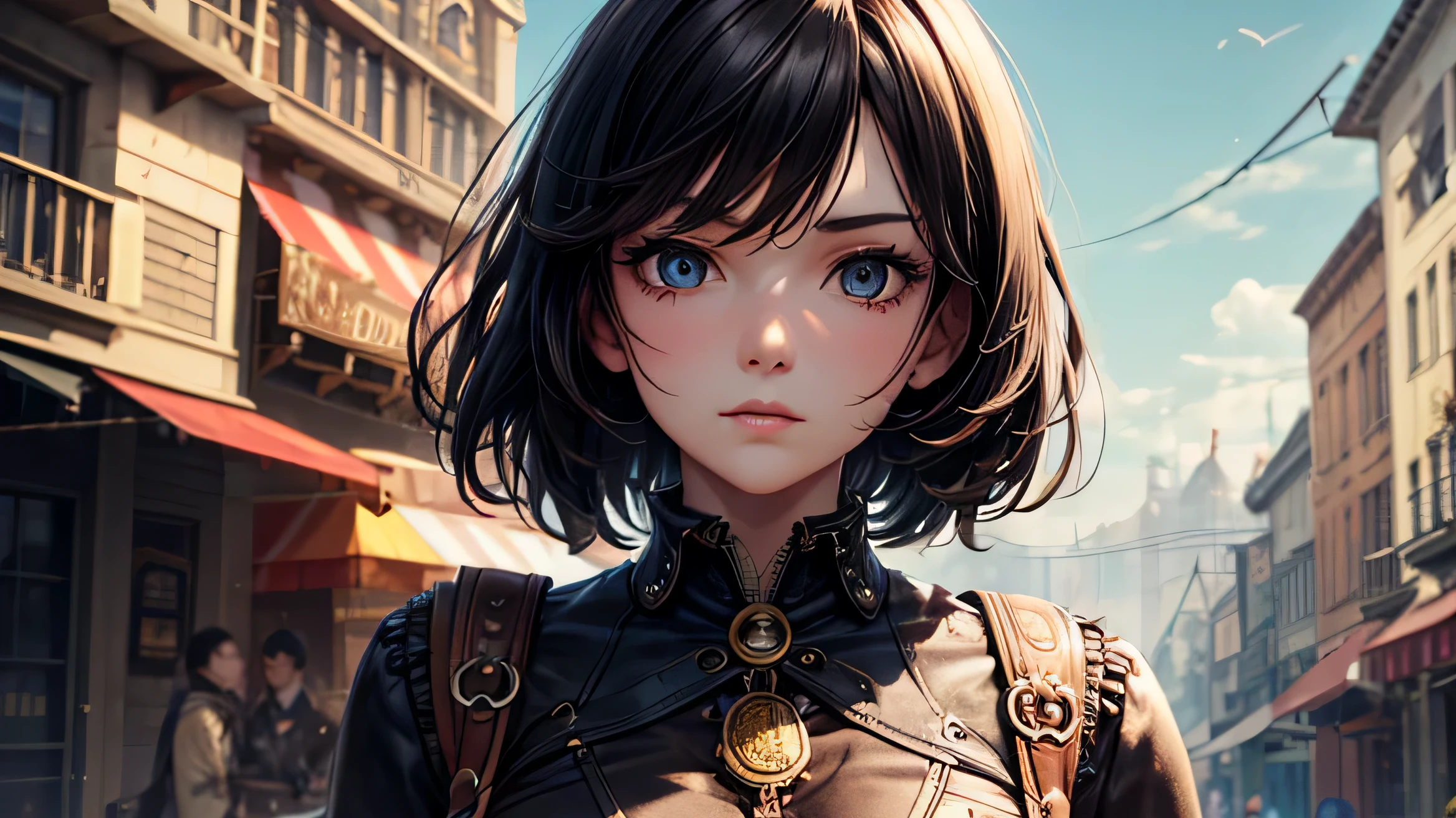 One Woman,
Detailed facial description,
Steampunk,
Plump body,
Steampunk military uniform,
Short black hair,
Fearless face,
Steampunk scenery,
