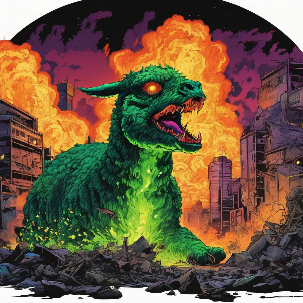 (high quality,realistic,ultra-detailed),(complex, multiple subjects),(subject 1:creep radioactive green Alpaca kaiju with glowing backlit eyes and sharp teeth), (subject 2: creepy lava toad kaiju emerging from a fiery crater,giant tentacles flailing),destructive battle,burning buildings and shattered glass,panicked crowd fleeing,the ground shaking under their colossal feet,flaming debris filling the air,neon lights reflecting off the chaos,streaks of radioactive fire illuminating the night sky,toxic smoke billowing from the clash,evoking a sense of dark horror and impending doom,portraits,nightmarish landscapes,surreal photography,ominous color palette,shadowy and atmospheric lighting