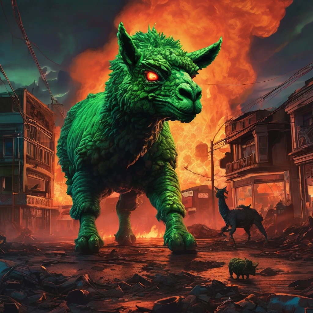 (high quality,realistic,ultra-detailed),(complex, multiple subjects),(subject 1:creep radioactive green Alpaca kaiju with glowing backlit eyes and sharp teeth), (subject 2: creepy lava toad kaiju emerging from a fiery crater,giant tentacles flailing),destructive battle,burning buildings and shattered glass,panicked crowd fleeing,the ground shaking under their colossal feet,flaming debris filling the air,neon lights reflecting off the chaos,streaks of radioactive fire illuminating the night sky,toxic smoke billowing from the clash,evoking a sense of dark horror and impending doom,portraits,nightmarish landscapes,surreal photography,ominous color palette,shadowy and atmospheric lighting