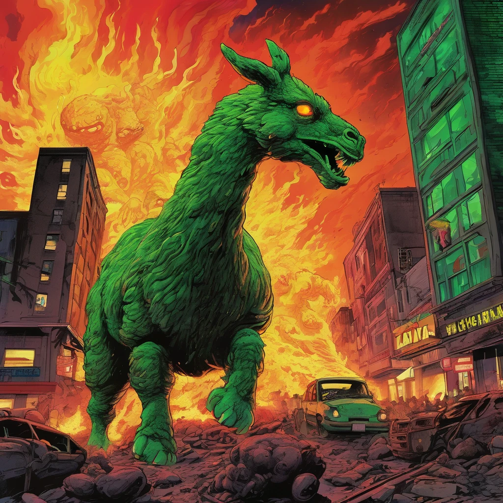 (high quality,realistic,ultra-detailed),(complex, multiple subjects),(subject 1:creep radioactive green Alpaca kaiju with glowing backlit eyes and sharp teeth), (subject 2: creepy lava toad kaiju emerging from a fiery crater,giant tentacles flailing),destructive battle,burning buildings and shattered glass,panicked crowd fleeing,the ground shaking under their colossal feet,flaming debris filling the air,neon lights reflecting off the chaos,streaks of radioactive fire illuminating the night sky,toxic smoke billowing from the clash,evoking a sense of dark horror and impending doom,portraits,nightmarish landscapes,surreal photography,ominous color palette,shadowy and atmospheric lighting