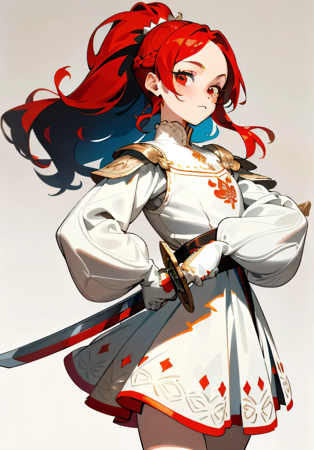 1GIRL, cute girl, finely detailed, (best quality), (intricate details), cute style, knight style, multicolored, medieval style, ((long red hair in ponytail)), best quality, ((long sleeve short dress)), ((pure white clothes)), ((knight style clothes)), ((round eyes)), (girl is holding a sword), beautiful face, cute face, pinup, perfect face, simple background portrait