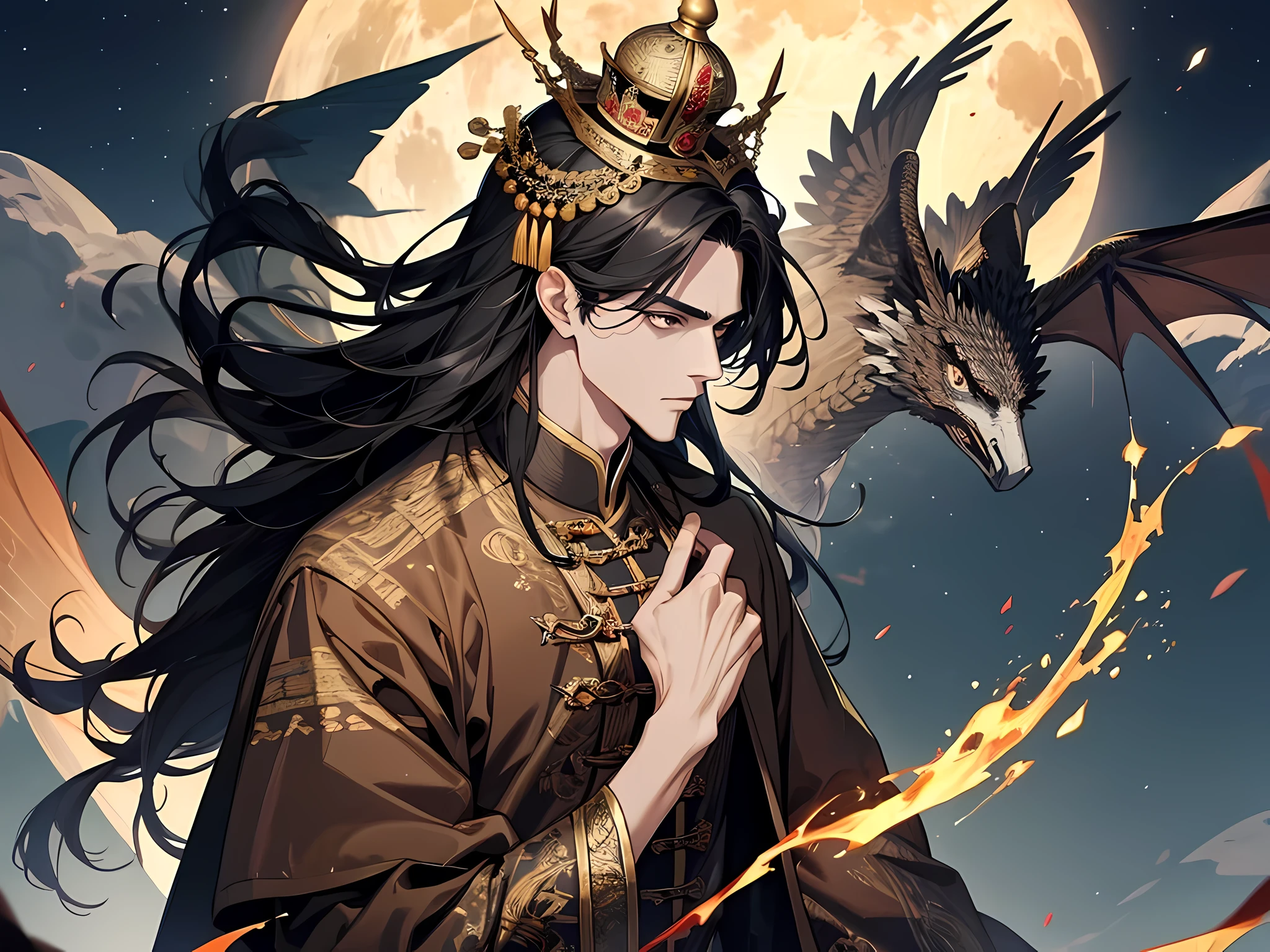 Masterpiece, best, night, full moon, 1 person, mature man, ancient China, Chinese court, eagle, black hair, black eyes, split hair, long hair, long bangs, handsome, face carving, Chinese crown, handsome, masculine, Serious, gentle, tall, calm, black and gold, gold pattern, dragon pattern, prince, sword match, profile, facial features details, facial features exquisite