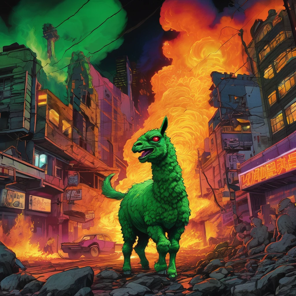 (high quality,realistic,ultra-detailed),(complex, multiple subjects),(subject 1:creep radioactive green Alpaca kaiju with glowing backlit eyes and sharp teeth), (subject 2: creepy lava toad kaiju emerging from a fiery crater,giant tentacles flailing),destructive battle,burning buildings and shattered glass,panicked crowd fleeing,the ground shaking under their colossal feet,flaming debris filling the air,neon lights reflecting off the chaos,streaks of radioactive fire illuminating the night sky,toxic smoke billowing from the clash,evoking a sense of dark horror and impending doom,portraits,nightmarish landscapes,surreal photography,ominous color palette,shadowy and atmospheric lighting