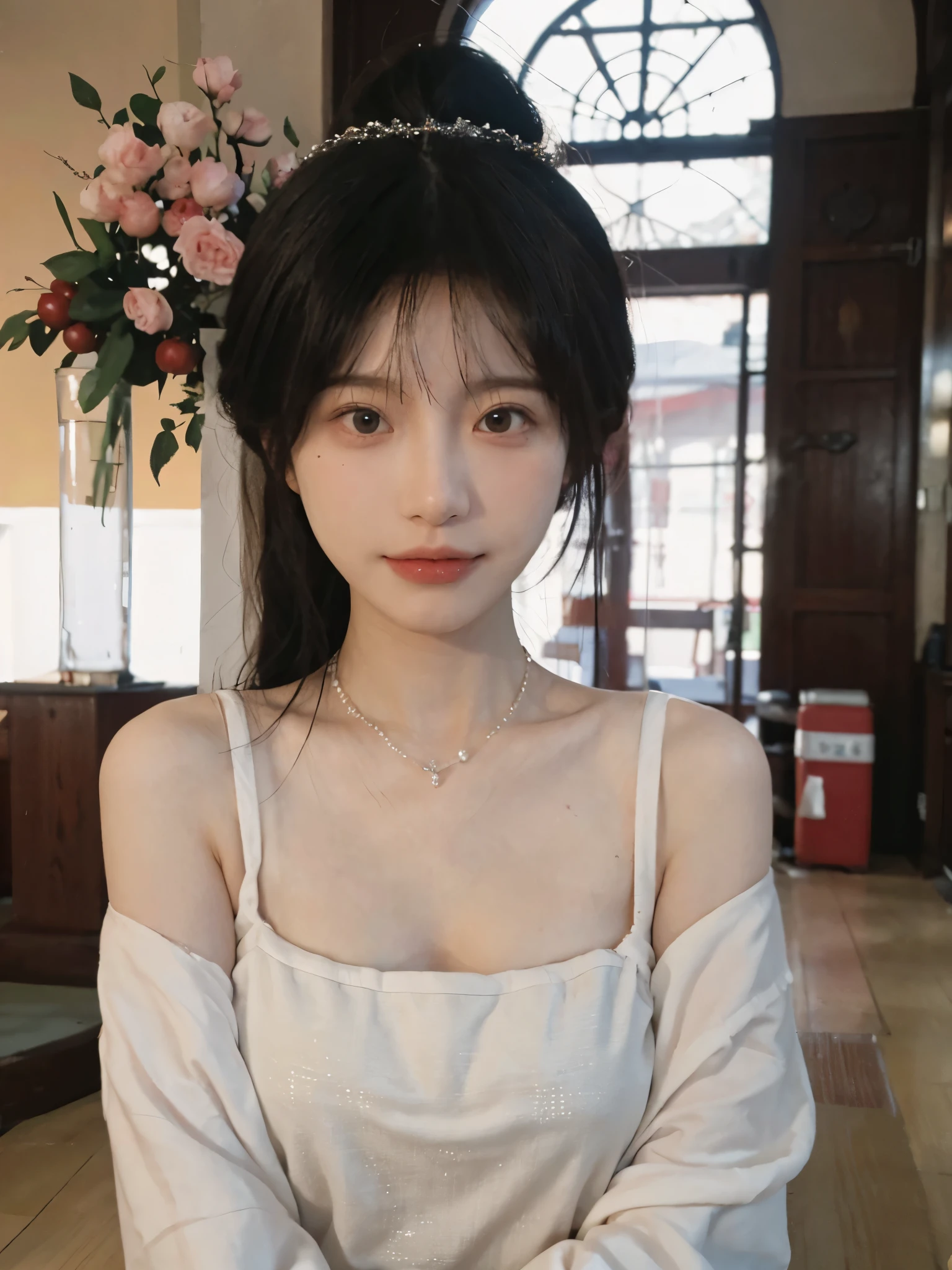 best quality， ultra high resolution， （realistically：1.4），cute hairpin，Baoyu Girl，Standing in the wedding hall，（flat chest：1.2） ，A pair of clear and charming peach blossom eyes,Royal sister，The sun shines on the face，Big wavy hairstyle，（necklace：1.2），（White skin：1.4），a sense of atmosphere，a beautiful girl，Looking directly at the viewer， Close-up cleavage ，(lifelike:1.4),1 girl,Sexy,(Upper body:1.4),(wet),(:1.2)