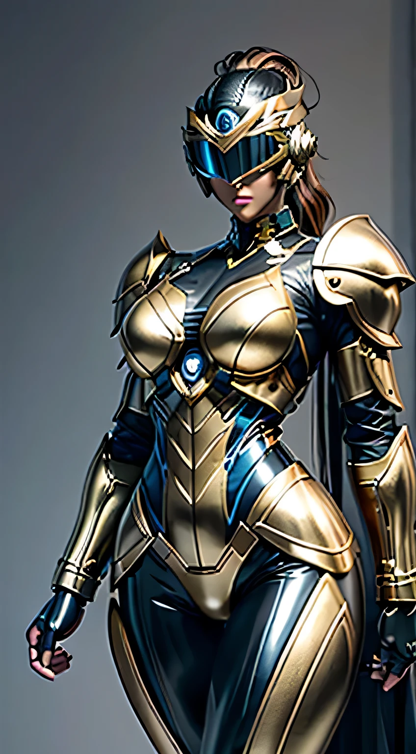 Female Robocop Solo、bright outdoors、strong light source、8K, high quality, masterpiece, 最high quality、very detailed、Armor that completely covers the whole body、very large armor、Helmet covering the head、clear pictures、Eyes hidden by thin straight goggles:1.3、The lower half of the face is raw:1.5、The lower half of the face is exposed、Luscious lips、Black and gold metallic armor、Armor that completely covers the chest、Long, slender legs、Vibrant posel body view,Big and ample breasts:1.5, (Sports Body:1.5)、Five Fingers、photos around town