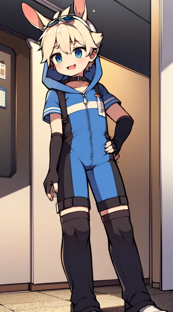 Shota，One-piece mountaineering suit，Slender figure，Goggles，fingerless gloves，stood up，Rabbit ears，Sailor collar，happy，Pull down the zipper，hood