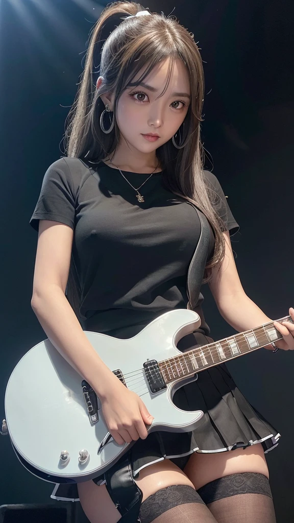 (highest quality, masterpiece: 1.2), Ultra-high resolution, Realistic, complete lighting, Intricate details, Exquisite detail and texture, 1 Girl, guitarist playing guitar, The guitar is a blue metal electric guitar that mixes blue and white., passionately play the electric guitar, he is a very famous guitarist, he is quite popular, he has many fans, The venue lights illuminate the characters and guitars beautifully., alone, (young), Facial highlights, Upper Body, Detailed face, punctum, White skin, Silver Hair, ponytail, Braid, Viewer, Big eyes, Earrings, Normal Breast, Slender body, Professional Lighting, Photon Mapping, Radio City, Physically Based Rendering, Wearing a black shirt, Cute black shirt with a tight figure, wearing a dressed shirt over a top, Wearing a tanned pleated skirt, A long-sleeved black shirt、Folded to reveal cuffs, expression is singing, wrinkles form between the eyebrows, she is wearing a pretty silver necklace, she is wearing a silver jewelry bracelet, she wears a round watch on her wrist, her skirt is almost black, She has a cute teddy bear hanging from her waist, Her hand is only 5 out, The venue is an idol venue, Her shirt has a shield-shaped mark on one chest., she wears black knee stockings, and、It is the background of the stadium venue.