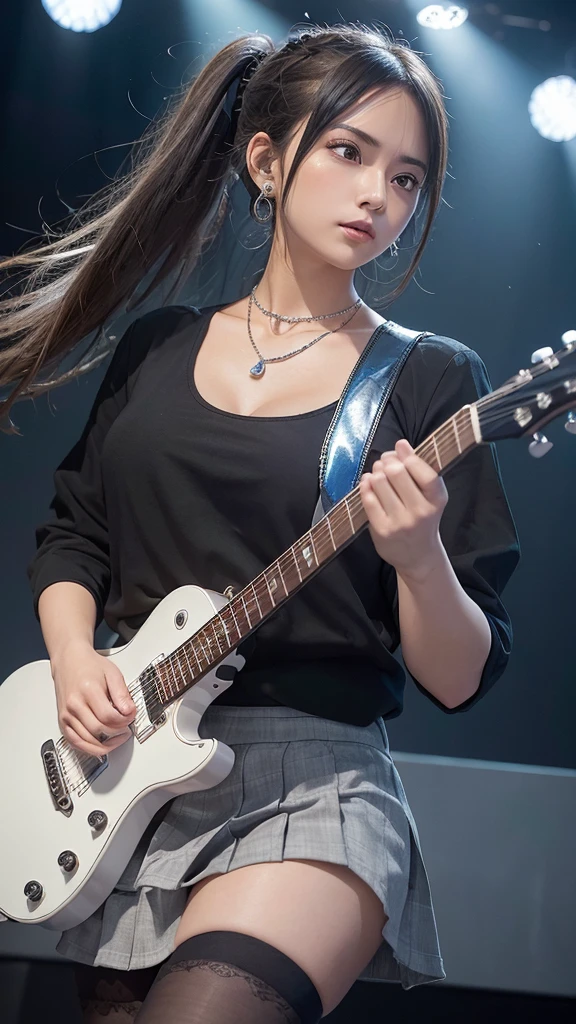 (highest quality, masterpiece: 1.2), Ultra-high resolution, Realistic, complete lighting, Intricate details, Exquisite detail and texture, 1 Girl, guitarist playing guitar, The guitar is a blue metal electric guitar that mixes blue and white., passionately play the electric guitar, he is a very famous guitarist, he is quite popular, he has many fans, The venue lights illuminate the characters and guitars beautifully., alone, (young), Facial highlights, Upper Body, Detailed face, punctum, White skin, Silver Hair, ponytail,  Braid, Viewer, Big eyes, Earrings, Normal Breast, Slender body, Professional Lighting, Photon Mapping, Radio City, Physically Based Rendering, Wearing a black shirt, Cute black shirt with a tight figure, wearing a dressed shirt over a top, Wearing a tanned pleated skirt, A long-sleeved black shirt、Folded to reveal cuffs, expression is singing, wrinkles form between the eyebrows, she is wearing a pretty silver necklace, she is wearing a silver jewelry bracelet, she wears a round watch on her wrist, her skirt is almost black, She has a cute teddy bear hanging from her waist, Her hand is only 5 out, The venue is an idol venue, Her shirt has a shield-shaped mark on one chest., she wears black knee stockings, and、It is the background of the stadium venue.